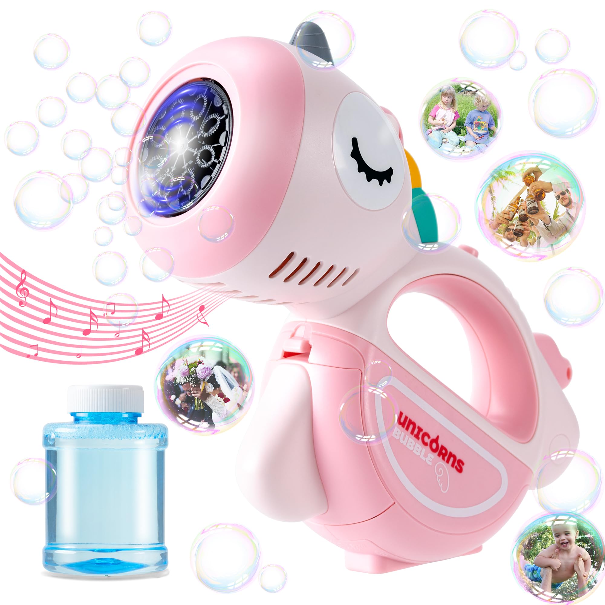 Unicorn Portable Bubble Machine for Kids, Gazillion Bubble Maker with Light Music Bubble Solution, Babies Bath Bubble Machine Gun for Indoor, Outdoor, Wedding, Parties