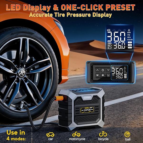 ZOPOM Tire Inflator Portable Air Compressor, 12V DC Car Air Pump with Auto Shut-Off & Digital Pressure Gauge, 100 PSI Corded Inflator for Car, Motorcycle, Bicycle & Sports Balls, LED Light - 5