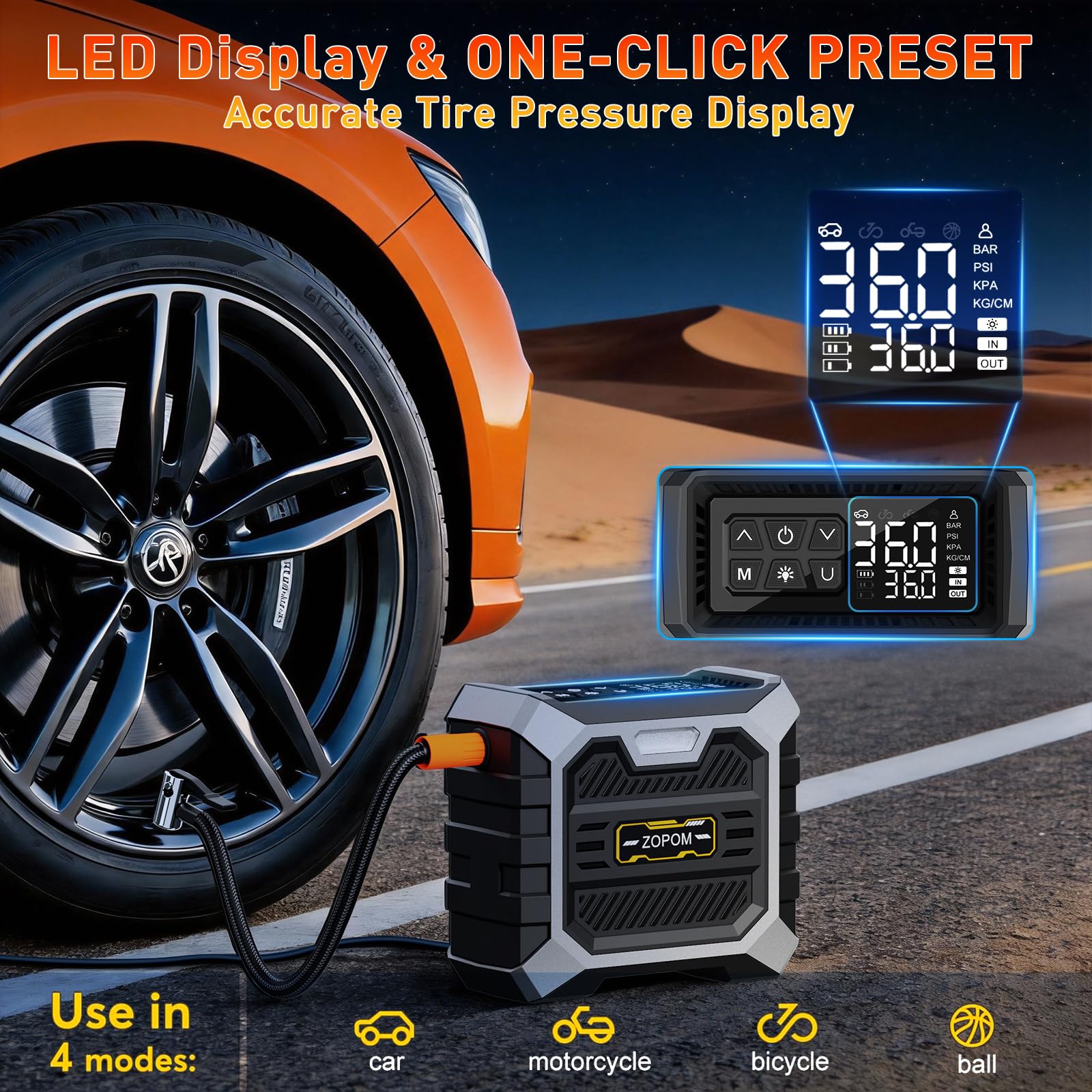 ZOPOM Tire Inflator Portable Air Compressor, 12V DC Car Air Pump with Auto Shut-Off & Digital Pressure Gauge, 100 PSI Corded Inflator for Car, Motorcycle, Bicycle & Sports Balls, LED Light — view 5