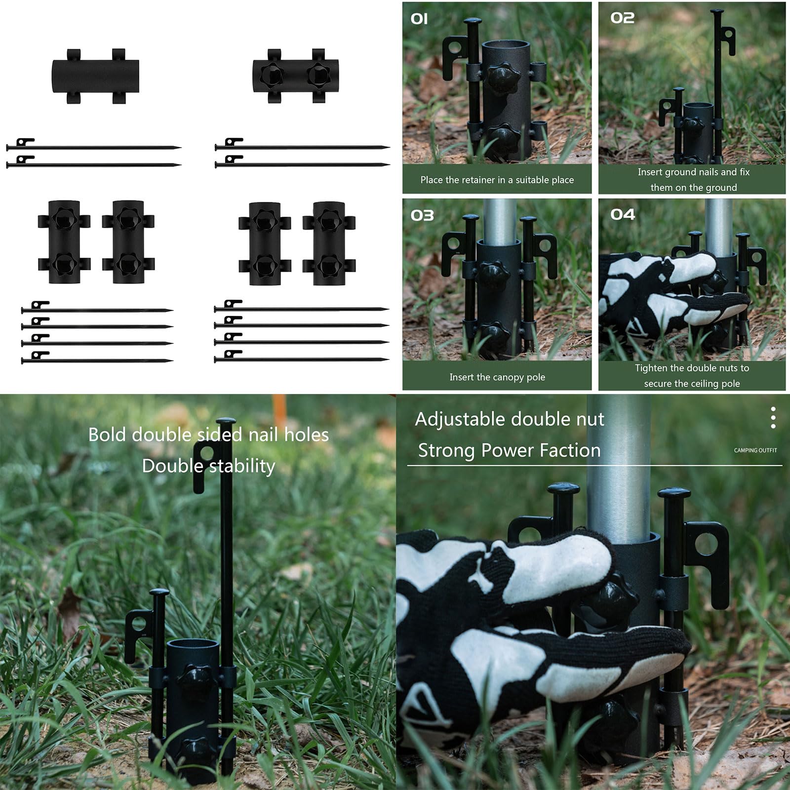 Zelt Stützhalterung, Erdnagelhammer, Markisen Befestigungsklemme, Clip Artefakt für Camping Zelt Outdoor Aktivitäten, Teleskop Stützstange, stabiles und sicheres Design, rostfreies, einfach