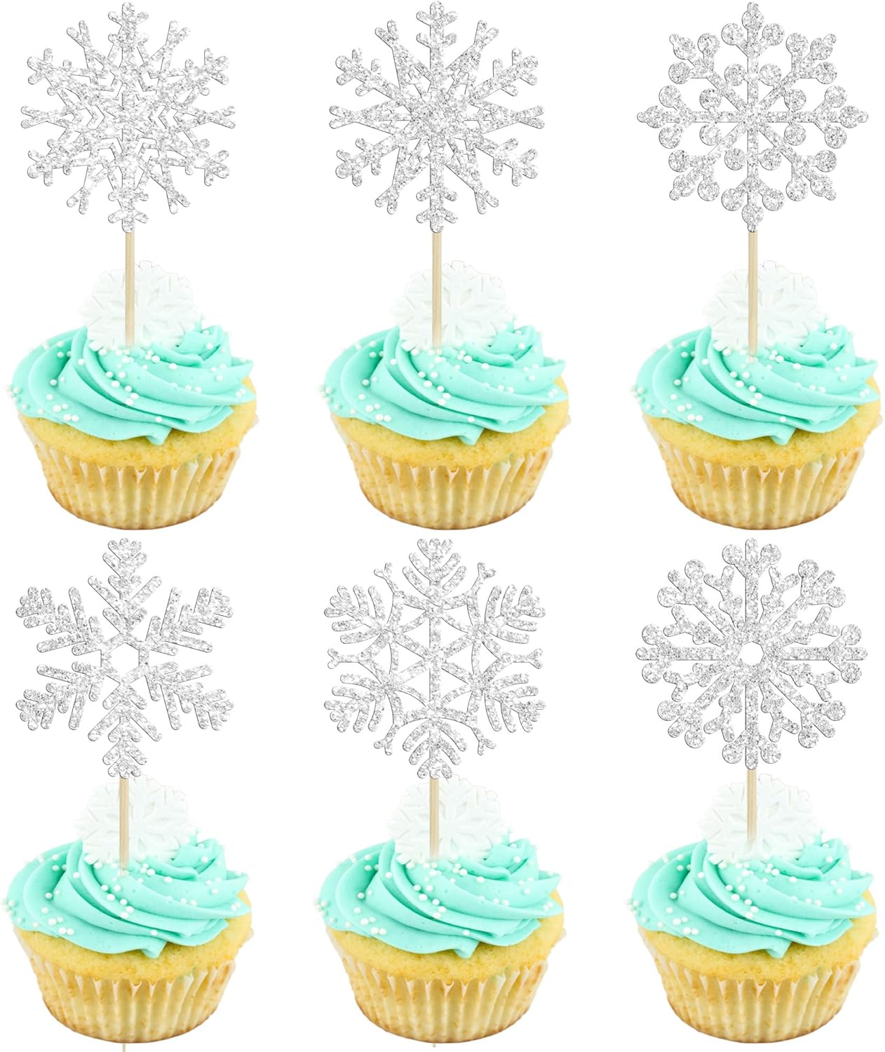 24Pcs Snowflake Cupcake Toppers Silver Glitter Winter