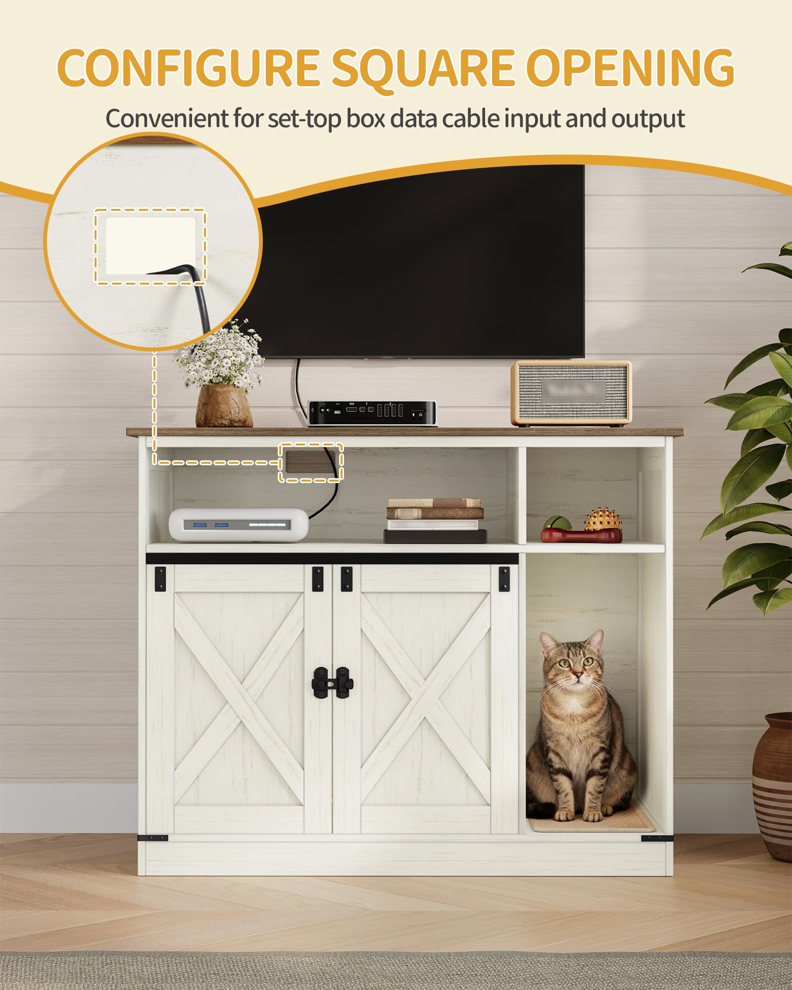 Hzuaneri Cat Litter Box Enclosure, Hidden Litter Box Furniture with Storage, Wooden Cat Cabinet with Scratch Pad, Farmhouse Cats House, TV Stand End Table, Rustic Brown and White CB88614X - image 5