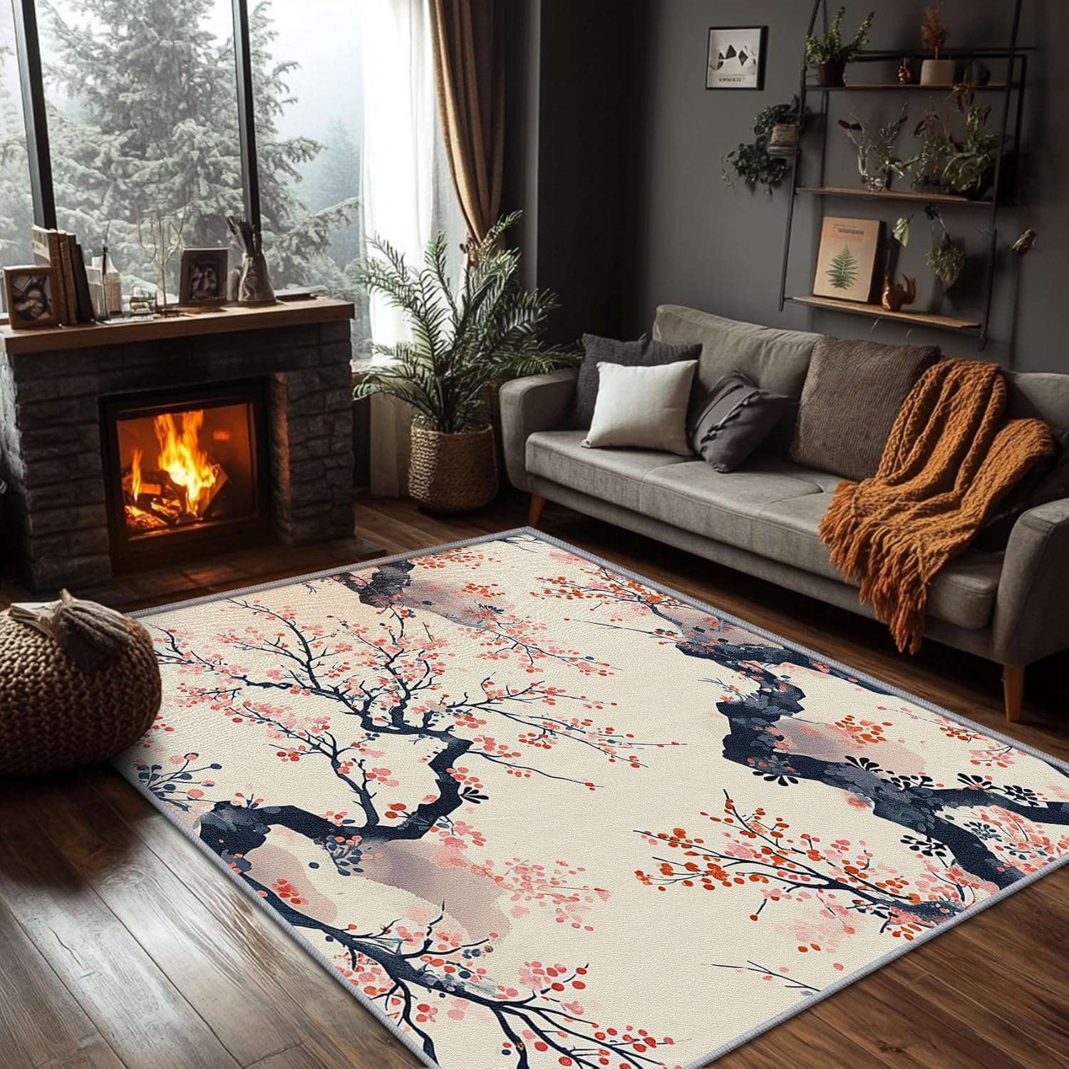 Japanese Rug Black - 5x6 Rug - Japanese Rug - Cherry Blossom Red Sun Area Rug - Asian Oriental Rugs - Autumn Leaves Carpet - Japanese Home Decor