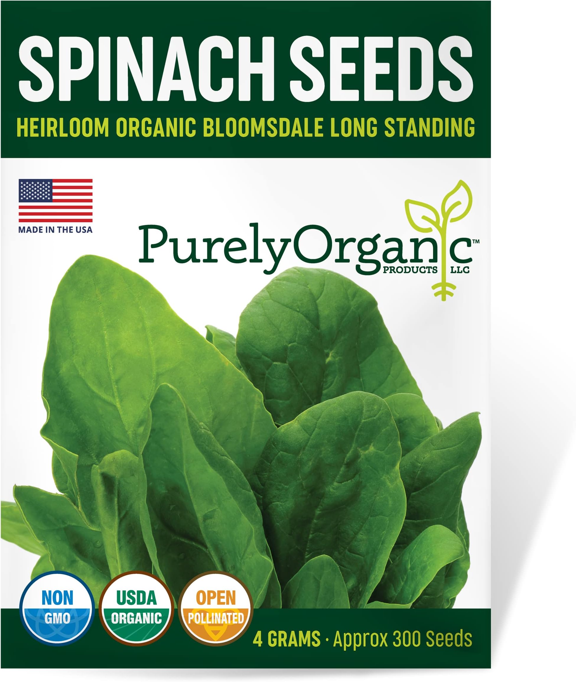 Organic Spinach Seeds (Bloomsdale Long Standing) - Approx 300 Seeds - USDA Organic, Non-GMO, Open Pollinated, Heirloom, USA Origin