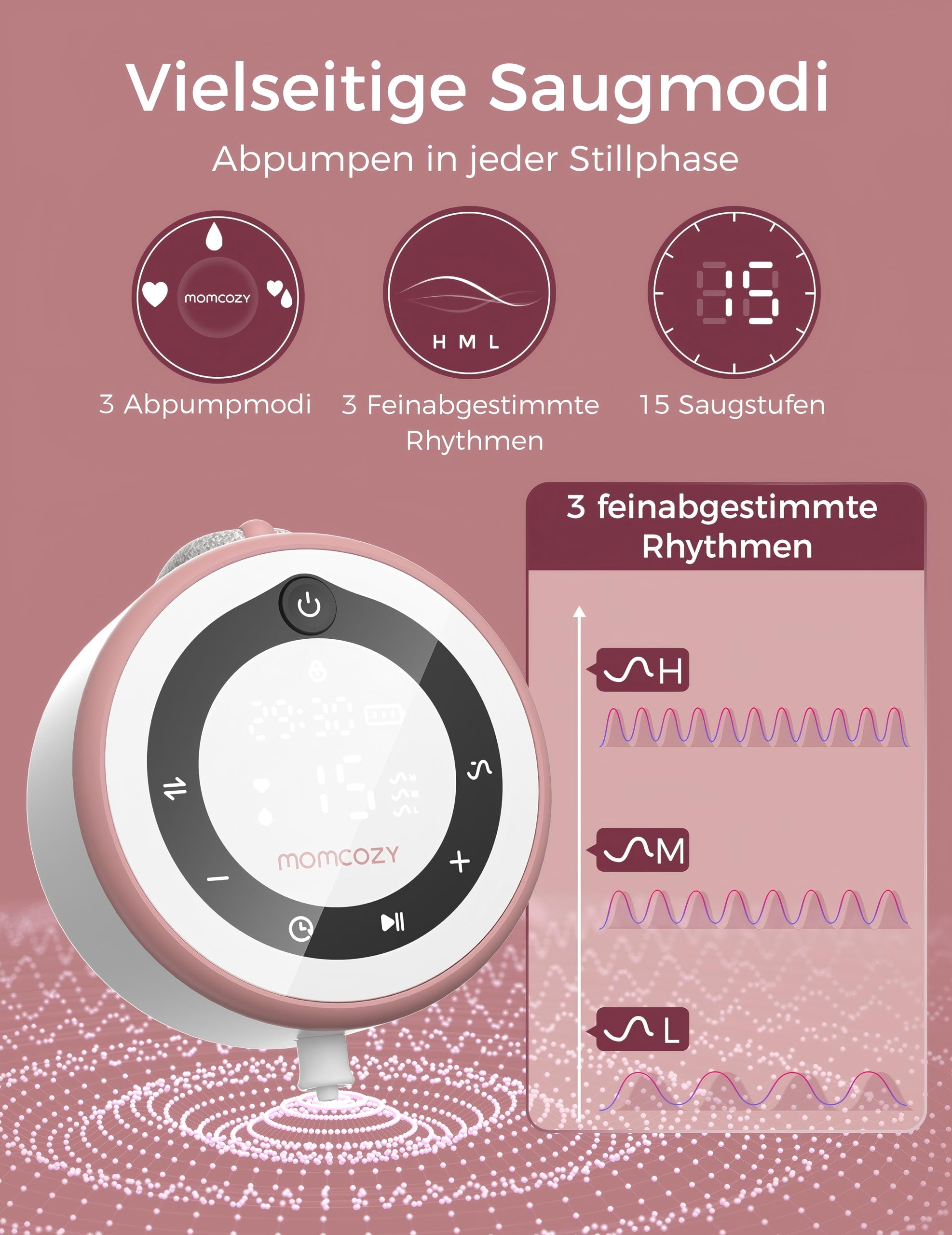 Momcozy V1 Pro Milchpumpe Elektrisch - 300mmHg Starke Saugkraft, Tragbare Doppelmilchpumpe Handsfree mit 3 Fein Abgestimmte Saugmodi & 15 Stufen, Breast Pump Electric mit Leak-Proof DoubleFit Flange
