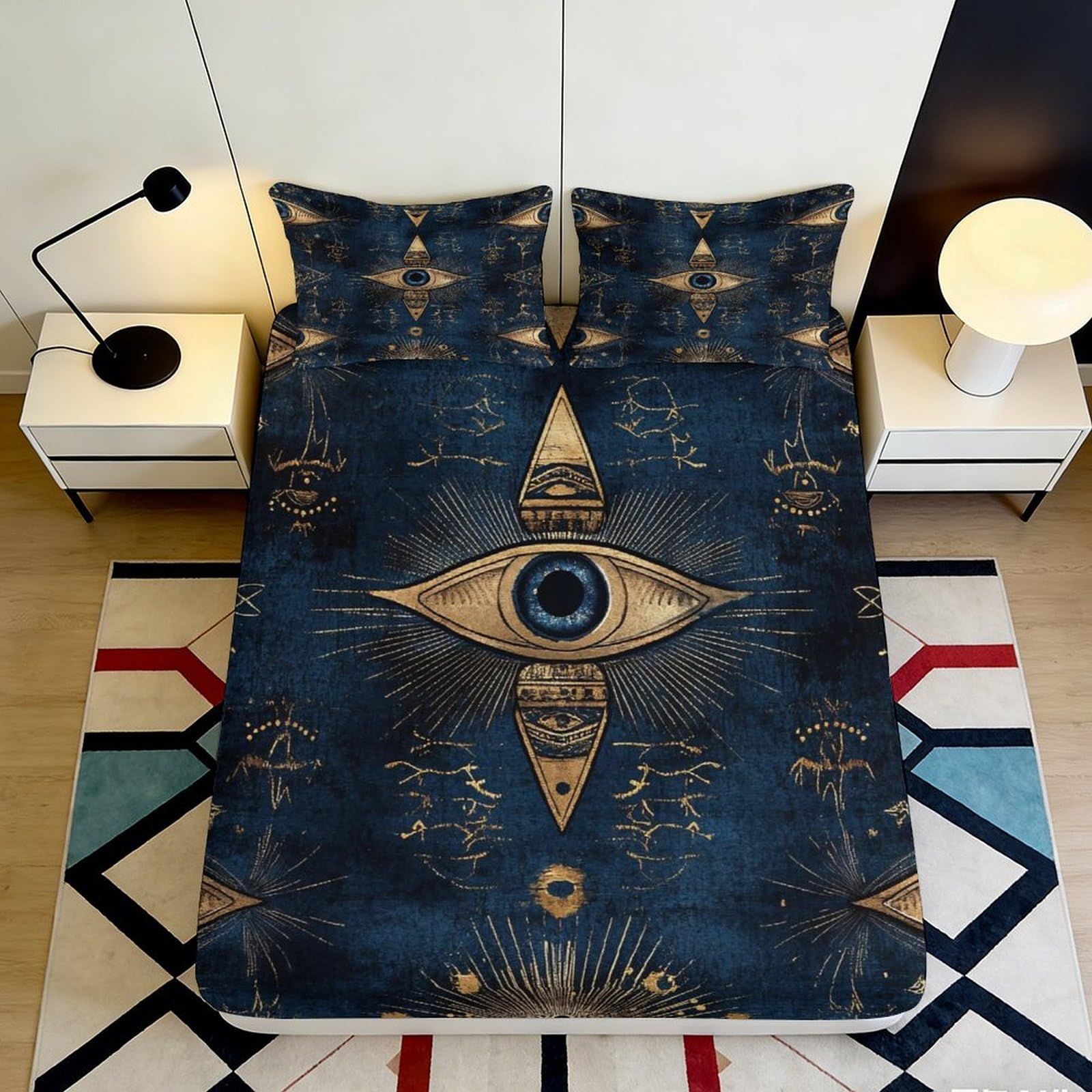 3D Printed Mystic Vintage Fitted Sheet Microfiber Deep Pocket Bedroom Bedding Mystical Mattress Fitted Cover Non-Slip for Adult Teen 200x200x25cm
