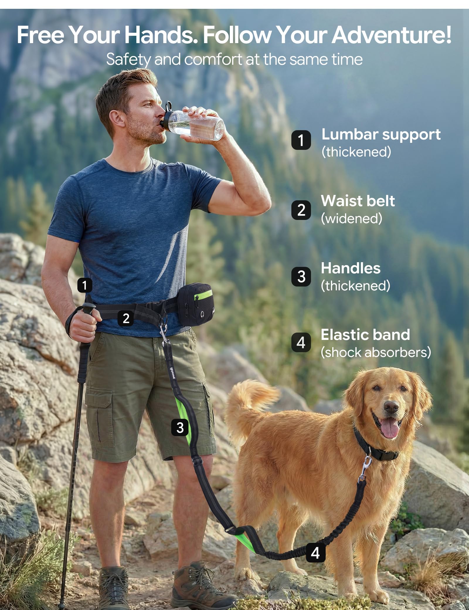 Pecute Laisse Main Libre Chien avec Sac Banane, Ceinture Canicross pour Course & Promenade, Harnais de Sécurité Amortisseur avec Poignées Réfléchissantes pour Chiens 15-55kg