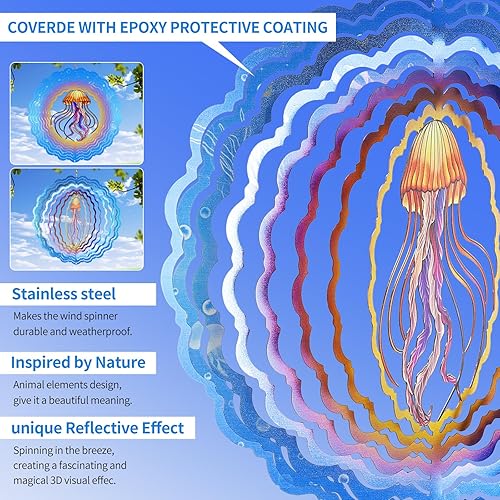 Miniatura 3 de Hilanderos de viento de medusa, 12 pulgadas, de acero inoxidable 3D, escultura cinética, azul, vida marina, decoración de jardín