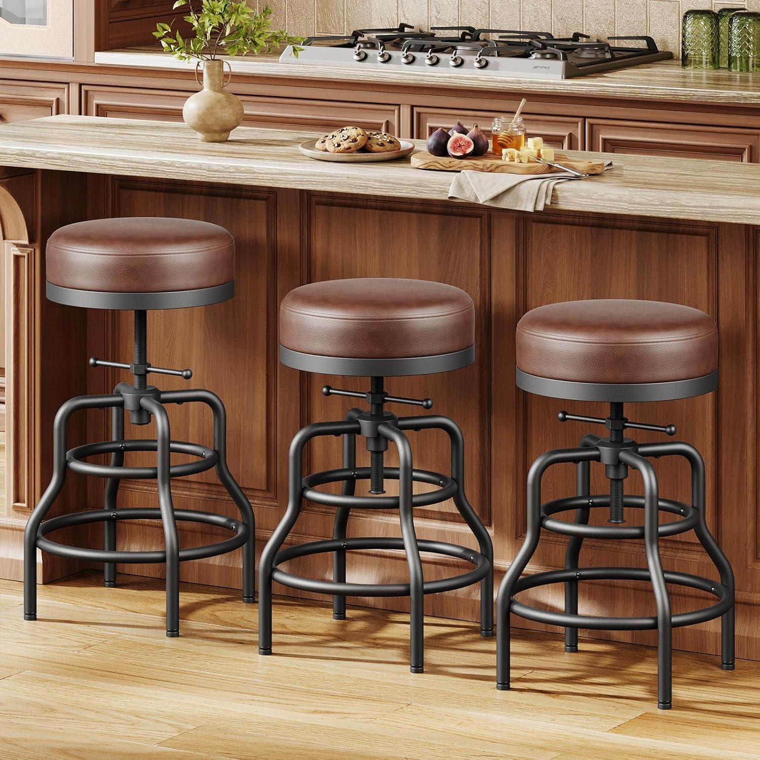 Raynesys Adjustable Height Swivel Bar Stools Set of 3, 22-29 Inch Industrial Vintage Bar Counter Height Stools with Thicken Premium Bonded Leather Seats & Updated Footrests, Easy Assembly, Brown