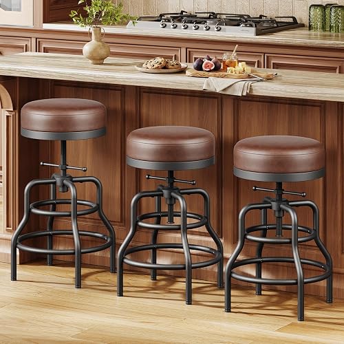 Raynesys Adjustable Height Swivel Bar Stools Set of 3, 22-29 Inch Industrial Vintage Bar Counter Height Stools with Thicken Premium Bonded Leather Seats & Updated Footrests, Easy Assembly, Brown