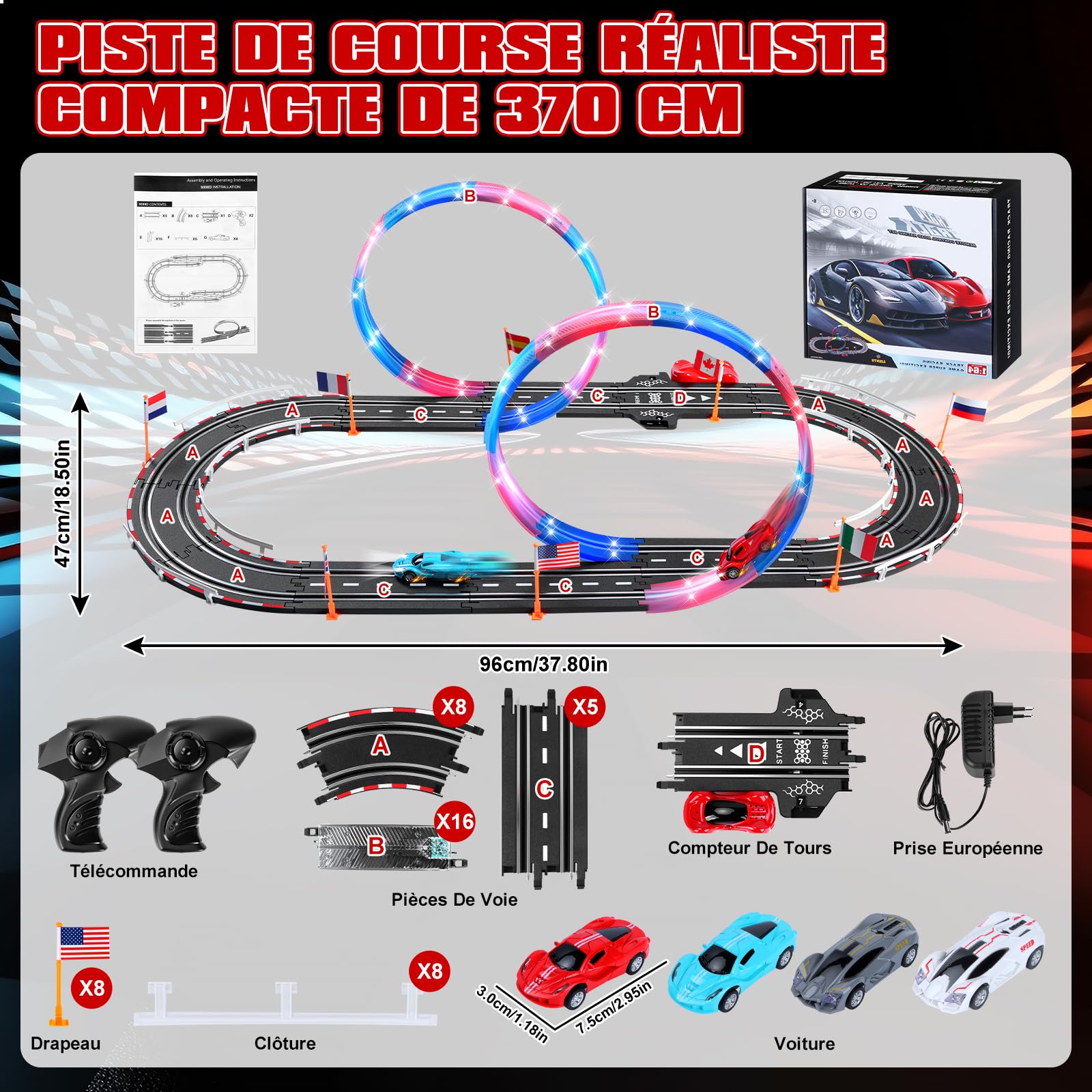 Circuit Voiture Electrique, Lumineuse Circuit Voiture Enfant 1:64 Piste De Course - 4 LED Voitures, 360° Cercle, Prise, Compteur de Tours, Piste Voiture Enfant 6-12 Ans Jouets Cadeau (S)