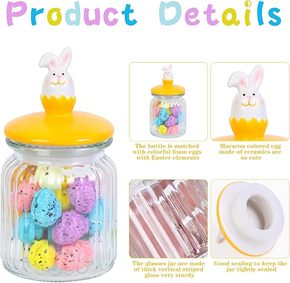 Easter Decorations Glass Jars with Ceramic Bunny-in-Eggshell Lids, 4 Pack Airtight Candy Containers for Chocolate Sweets, Mini Eggs Storage, Spring Table Centerpiece Gift (include Foam Eggs)