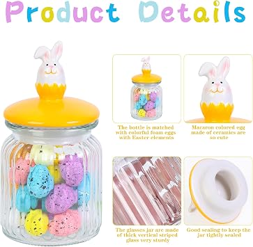 Easter Decorations Glass Jars with Ceramic Bunny-in-Eggshell Lids, 4 Pack Airtight Candy Containers for Chocolate Sweets, Mini Eggs Storage, Spring Table Centerpiece Gift (include Foam Eggs)