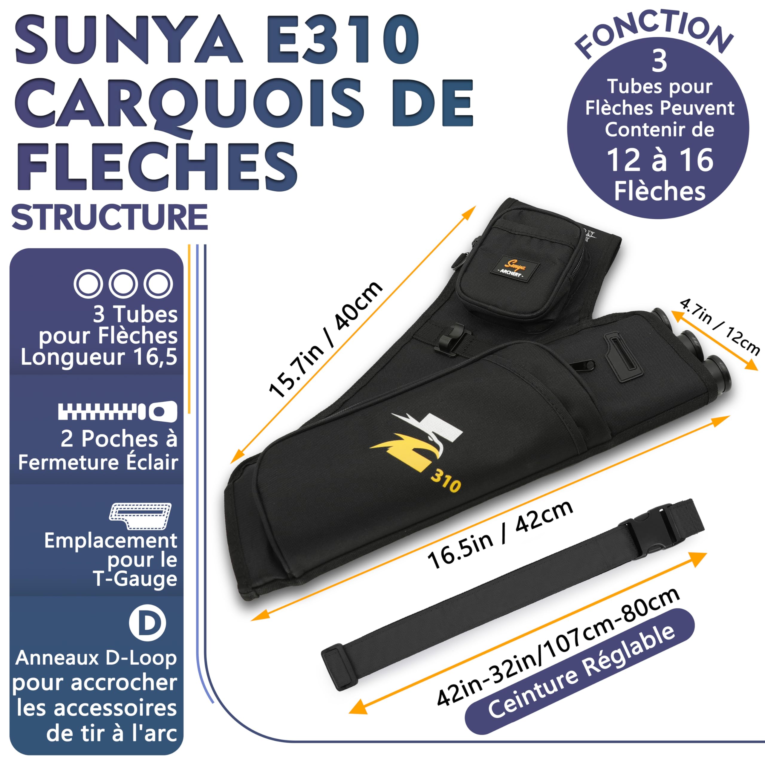 Sunya Carquois de flèche de tir à l'arc. Comprend des Poches pour Languette et libération et Une Ceinture en Nylon réglable. Convient pour la Pratique de l'arc à poulies et de l'arc Classique