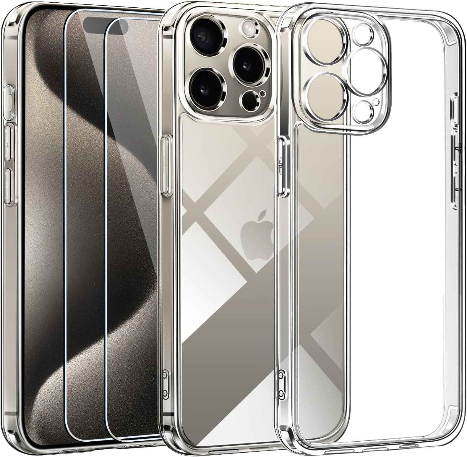 ivoler Clear Case Compatible with iPhone 15 Pro 6.1" [Long Lasting Clarity] [Military Grade Drop Protection], 1 Phone Case + 2 Tempered Glass Screen Protector, Shockproof Protective Slim Cover - Clear