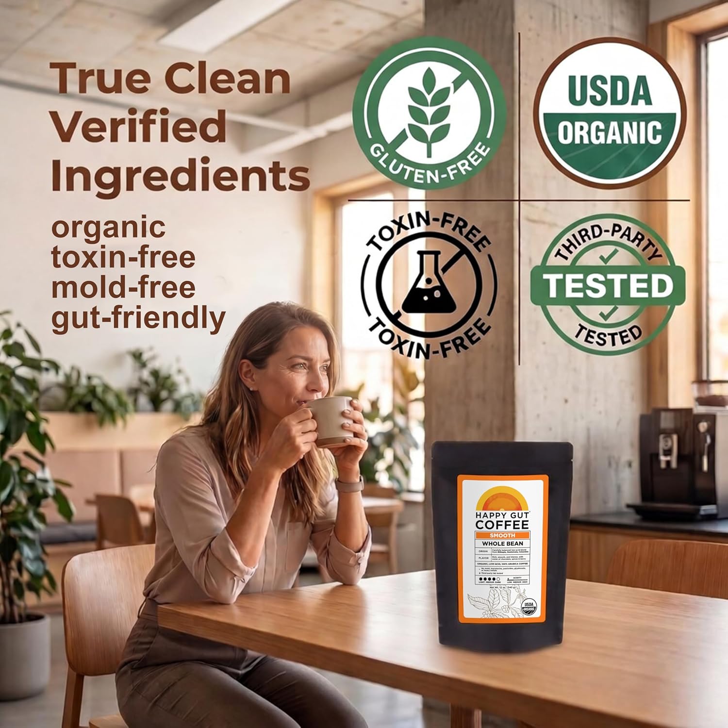 Happy Gut Coffee - Doctor-Formulated, Organic Medium-to-Dark Roast Coffee - Gut-Friendly - Gentle on Stomach - Rich Flavor, Gluten-Free, No Bitterness - 12oz - SMOOTH - Whole Bean