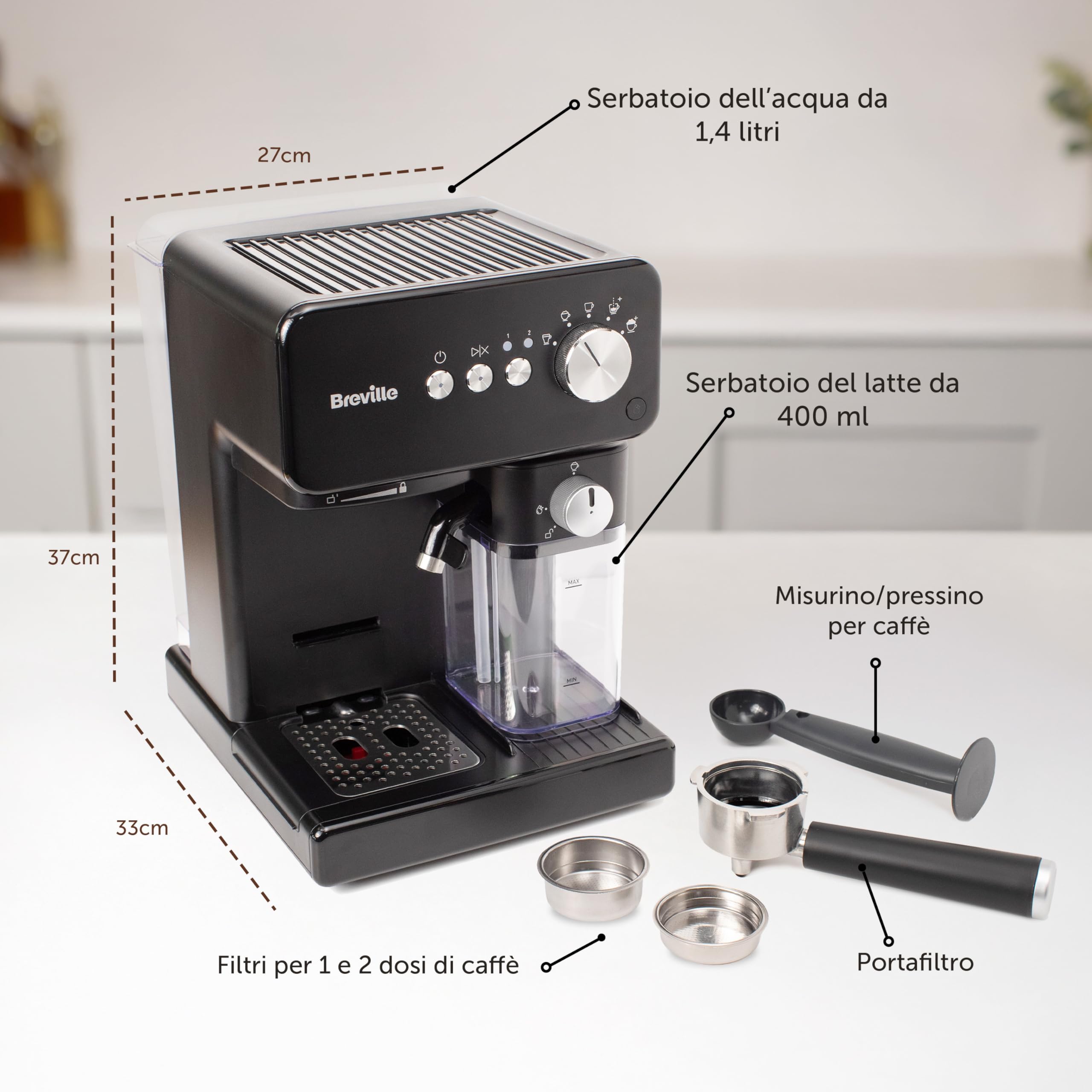Breville Prima Latte One-Touch Macchina per caffè espresso | Montalatte automatico | Macchina per cappuccino, latte e altro | Pompa italiana da 15 bar | Nero | VCF183X