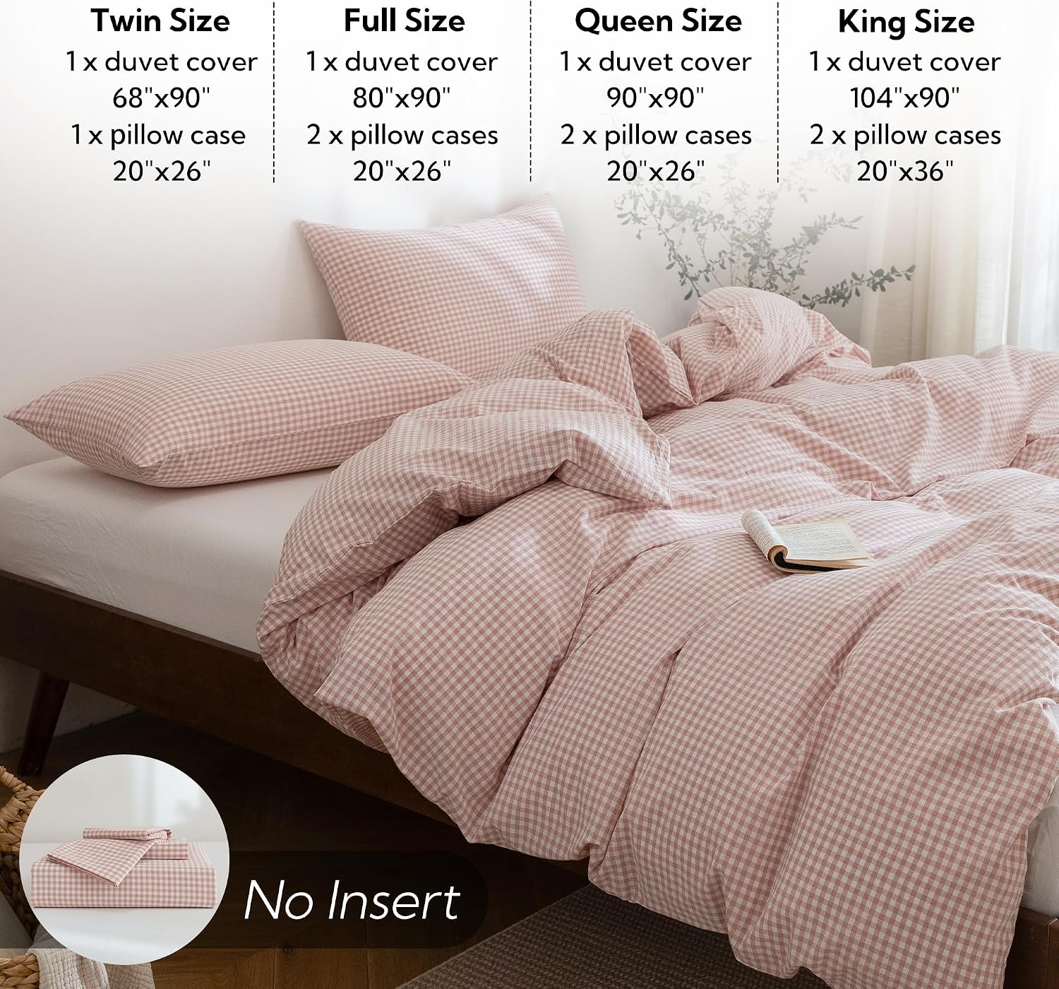 MILDLY Gingham Duvet Cover - 100% Washed Cotton Linen Feel Light Pink Plaid Comforter Cover Set with Dual Zipper & 8 Corner Ties 90"x90"