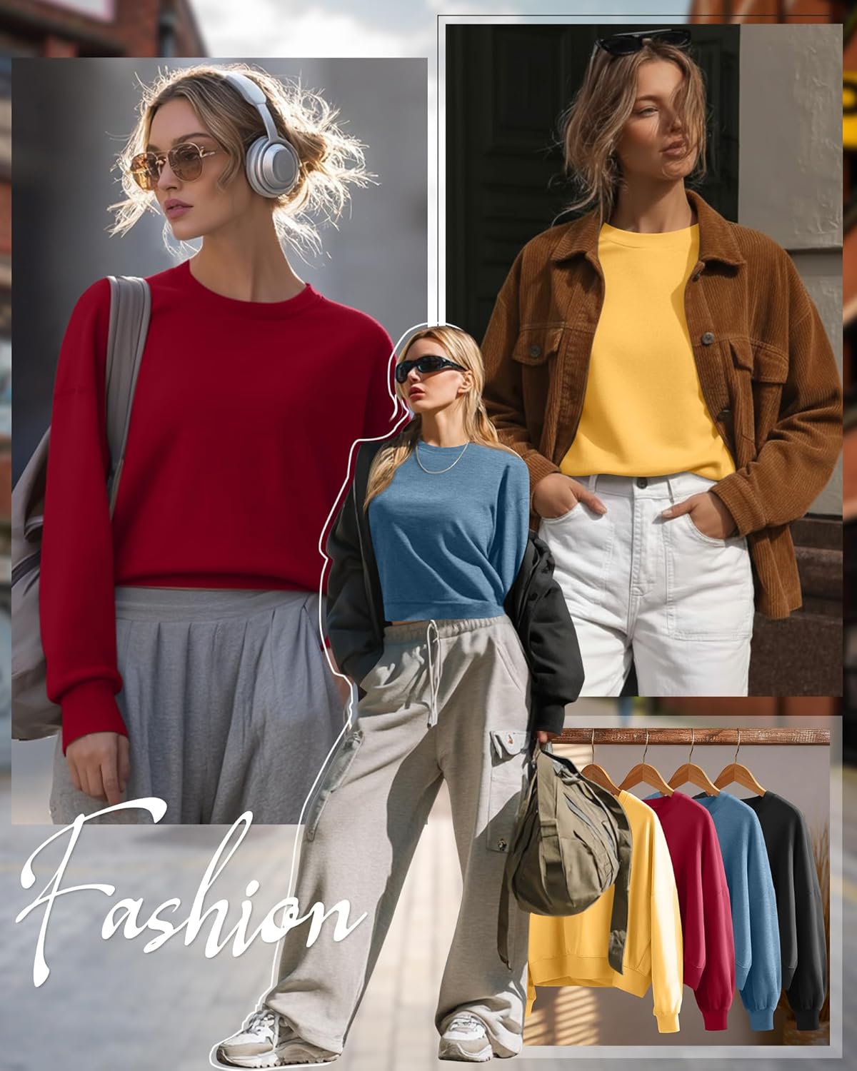 4 Pack Womens Long Sleeve Cropped Sweatshirts Crew Neck Loose Fit Pullover Thermal Tops - Image 2