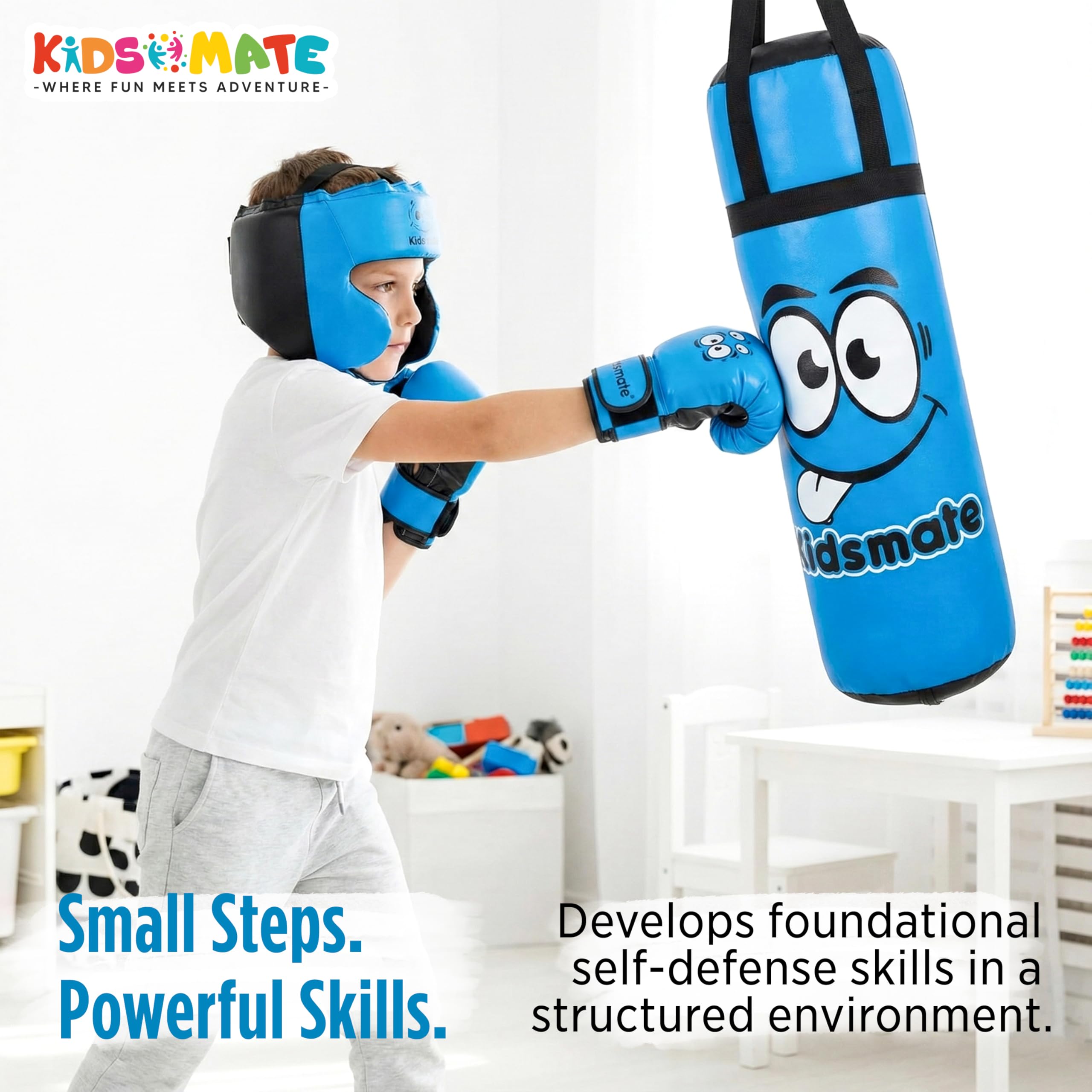 Kidsmate Boxing Kit for Kids of Age 3โ8 Yrs | Safe Synthetic Leather Punching Bag with Gloves Set | Boxing Set for Karate Training & Punch Practice | Playful Fitness Activity for Boys & Girls - Blue 1