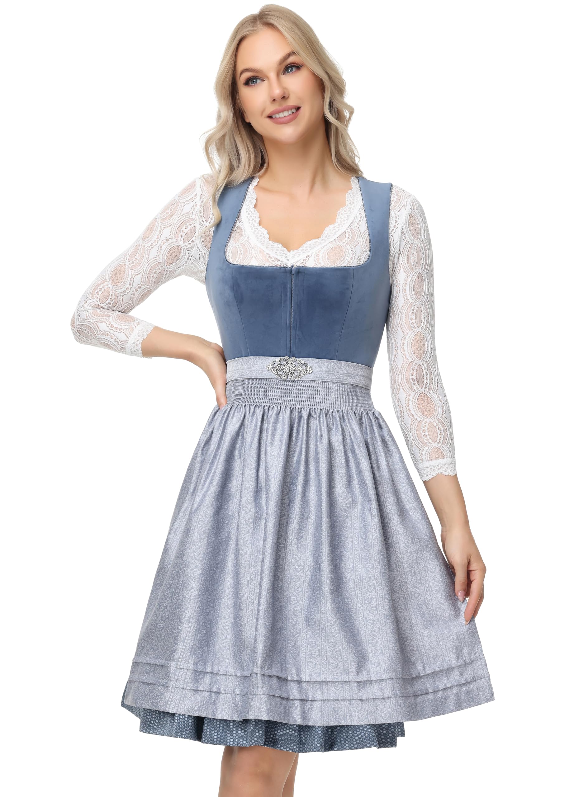 ELFIN Damen Midi Dirndl, Elegante Trachtenkleid, Samt Damen Dirndlkleid mit Plissee Schürze, Perfekt für Oktoberfest