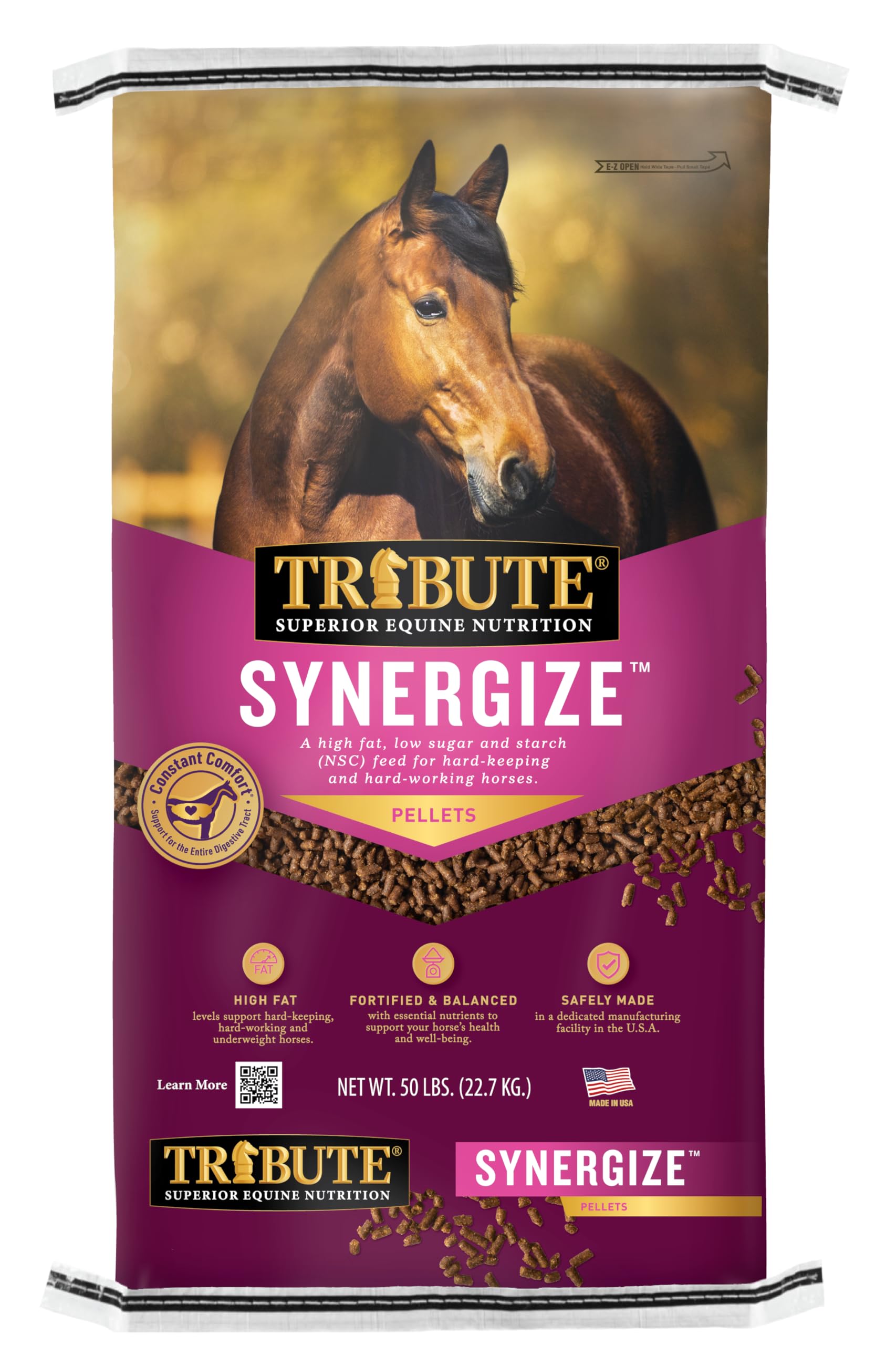 TRIBUTE Synergize, a low NSC, high fat pelleted horse feed for hard-keeping and hard-working horses