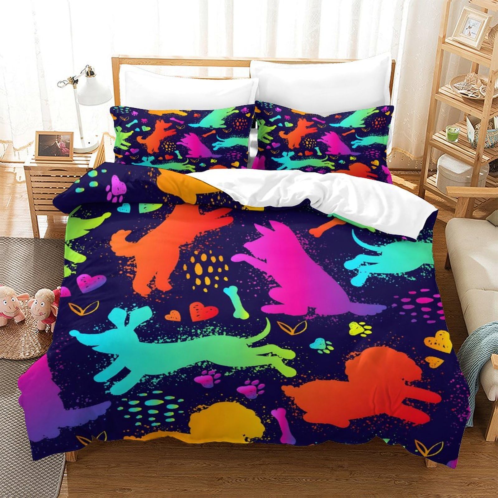 GDEKCIEAS Neon Cute Dogs Funny Puppies Boys Bedding Set, 3Pcs Ultra Soft Duvet Cover with Zipper, Lightweight Quilt Cover And Comforter for Teens Single（140x200cm）