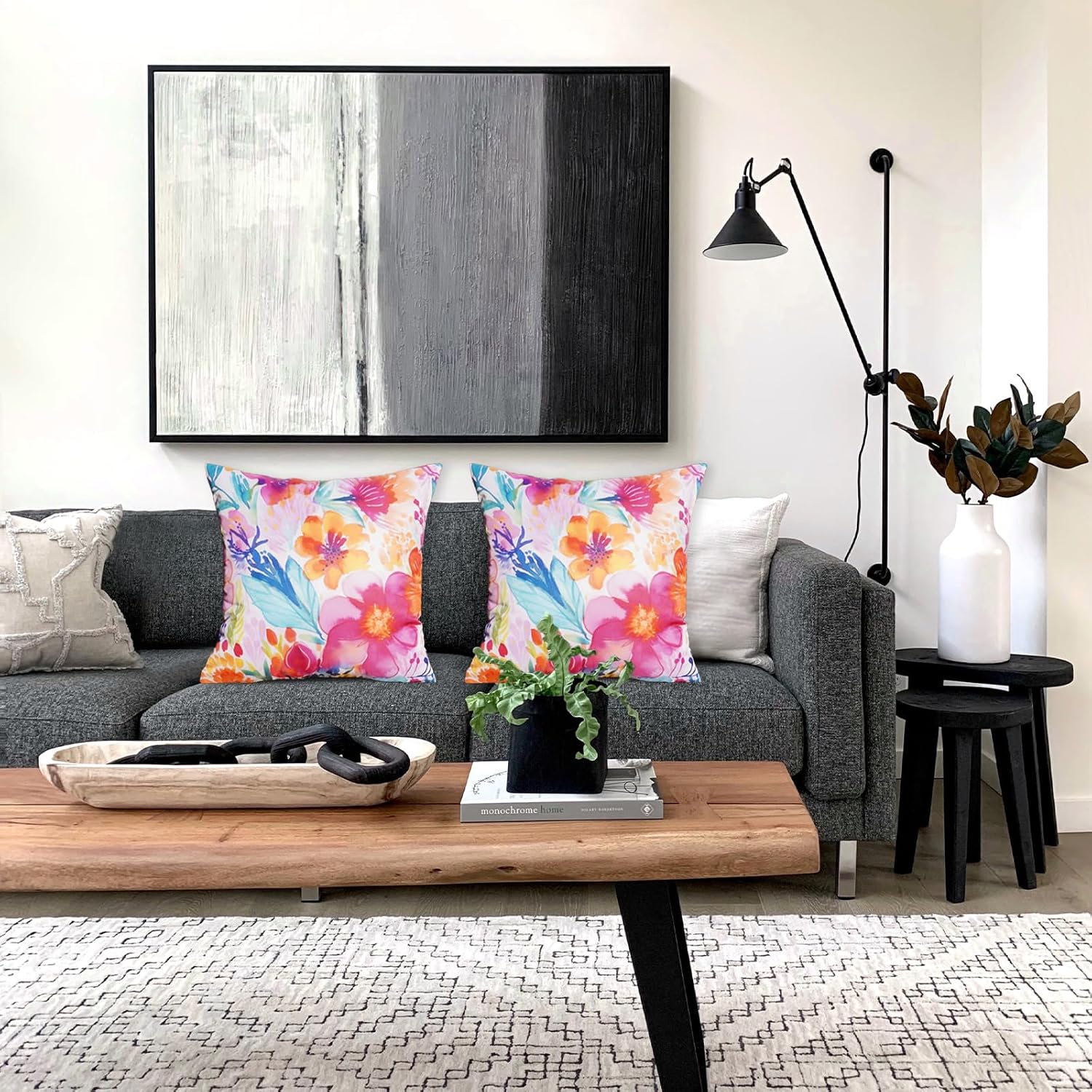 TAJWE Outdoor Pillow Covers 16x16 Inch Set of 2 White Floral Waterproof Throw Pillowcases Modern Farmhouse Decorative Square Cushion Cases for Patio Furniture Garden Bench Porch Decor
