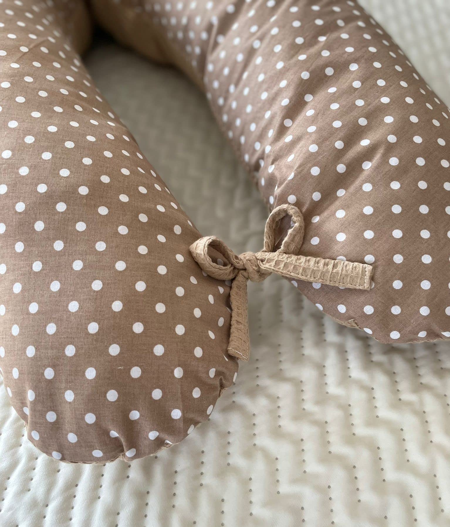 LOOLAY Coussin de grossesse - Coussin d'allaitement - 170 cm - Coussin de positionnement latéral - 100 % coton - Avec housse amovible - Ergonomique - Pour dormir (gaufre, taupe, cappuccino/pois marron