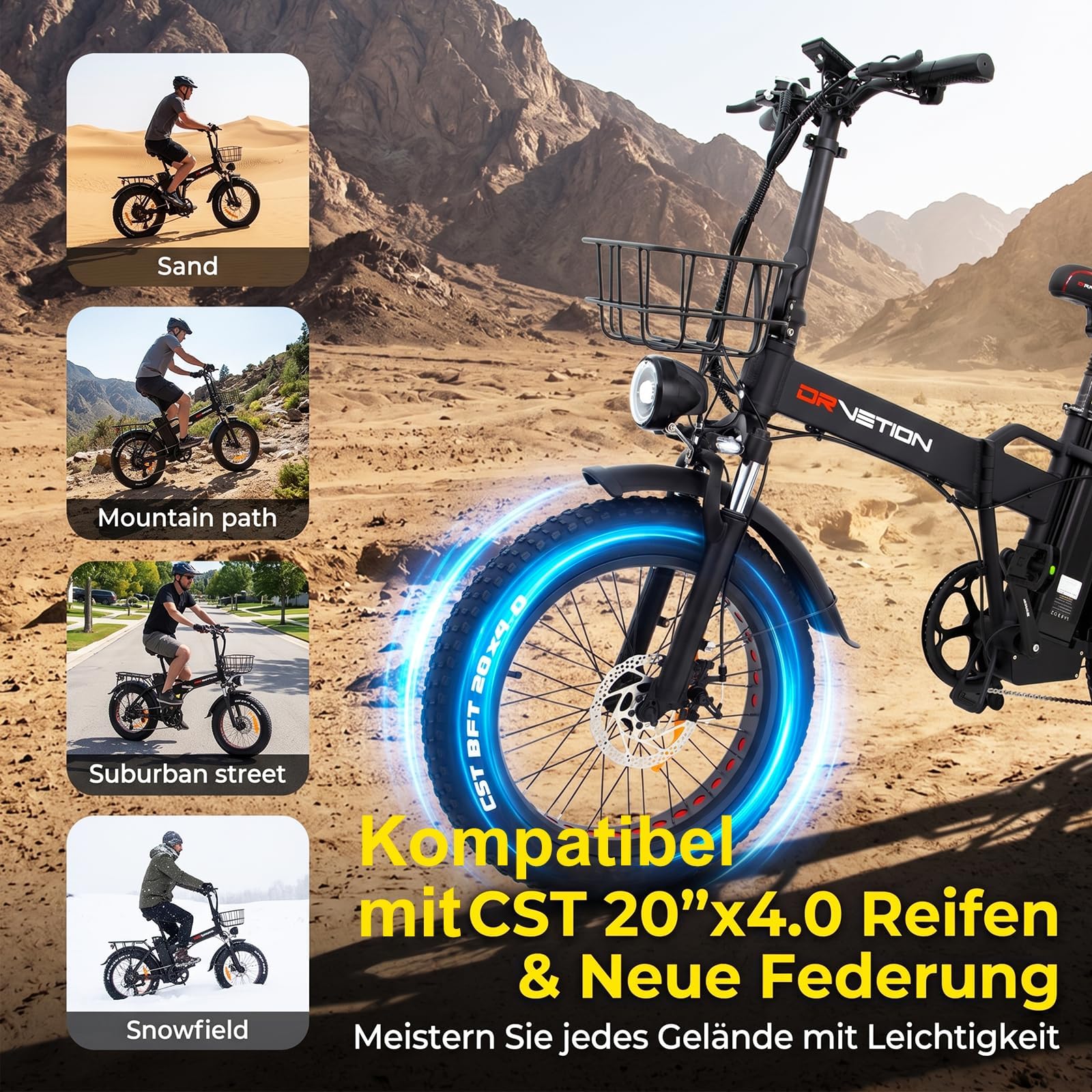E Bike für Damen & Herren, Elektrofahrrad mit Samsung Akku, Cts Reifen, Kompatibel, Shimano 7-Gang, Alu-Rahmen, Cts Reifen 20x4“, Kompatibel, Klapprad
