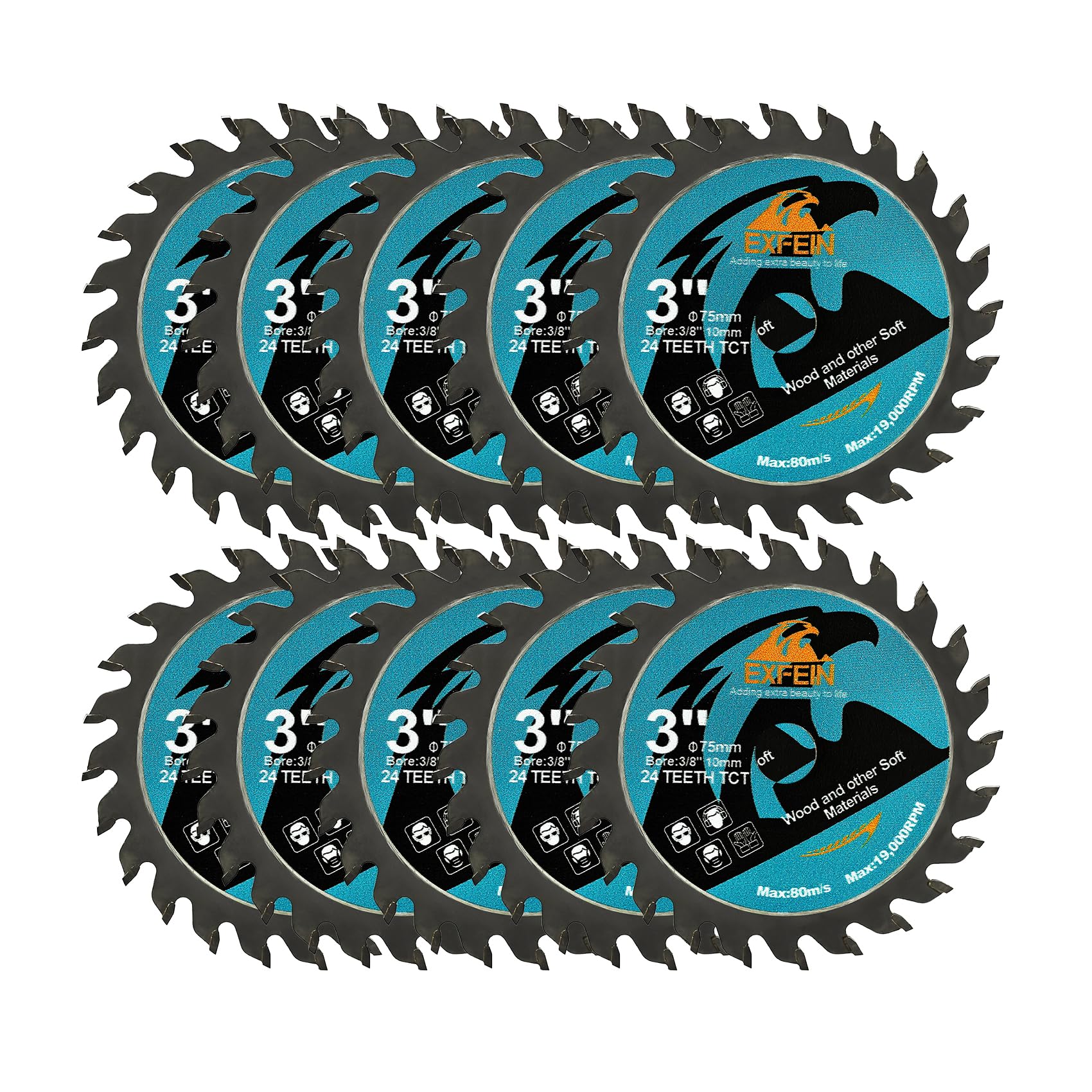 EXFEIN Wood Cutting Disc 75mm 10pcs - 24T TCT Carbide Tipped Teeth Compact Circular Cutting Disc with 10mm Arbor, General Purpose for Cuttting in Wood Plastic and Composite Materials