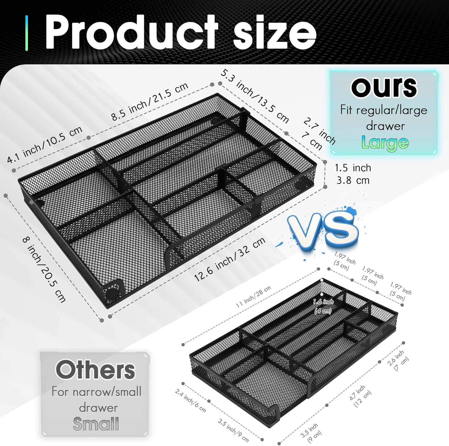 Desk Drawer Organizer Tray, 4 to 6 Grid Drawer Divider with 2 Adjustable Compartments, Metal Mesh Desk Organizer for Stationery Makeup Kitchen Toolroom School &Office, 12.6x8.26x1.57 in,1 PC - Image 4