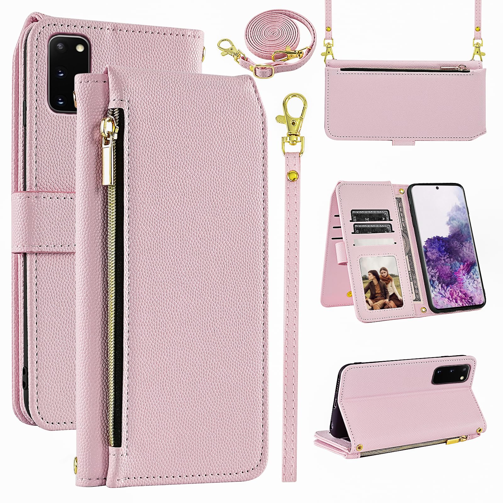 Furiet Luxury Wallet Case for Samsung Galaxy S20 5G 6.2 inch with Wrist Strap Shoulder Strap Slim Flip Zipper Purse, PU Leather Card Holder Stand Cell