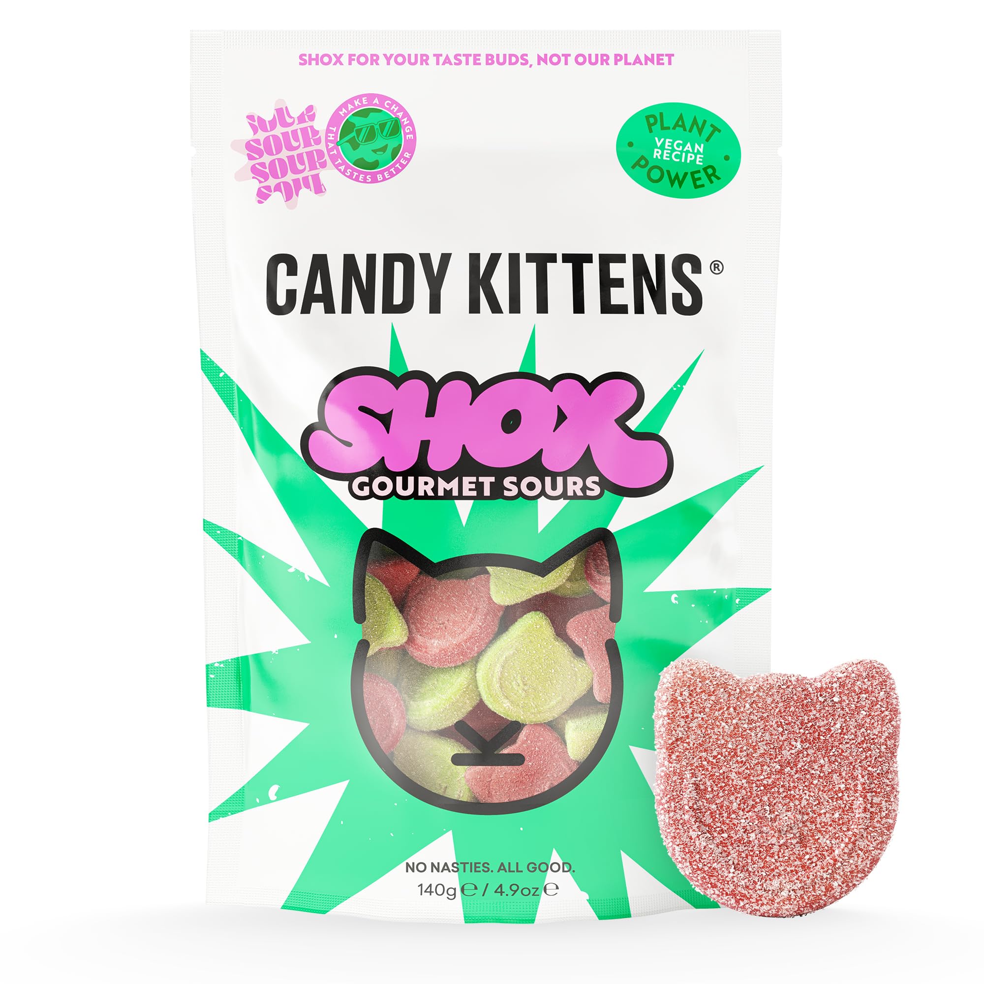 Candy Kittens Vegan Sweets – Sour Shox Strawberry & Apple (140g, Pack of 1) – Fizzy Treats with No Nasties, Plant-Based Vegan Snack with Real Fruit Juice, Ideal for Pick and Mix or Sweets Gift Box