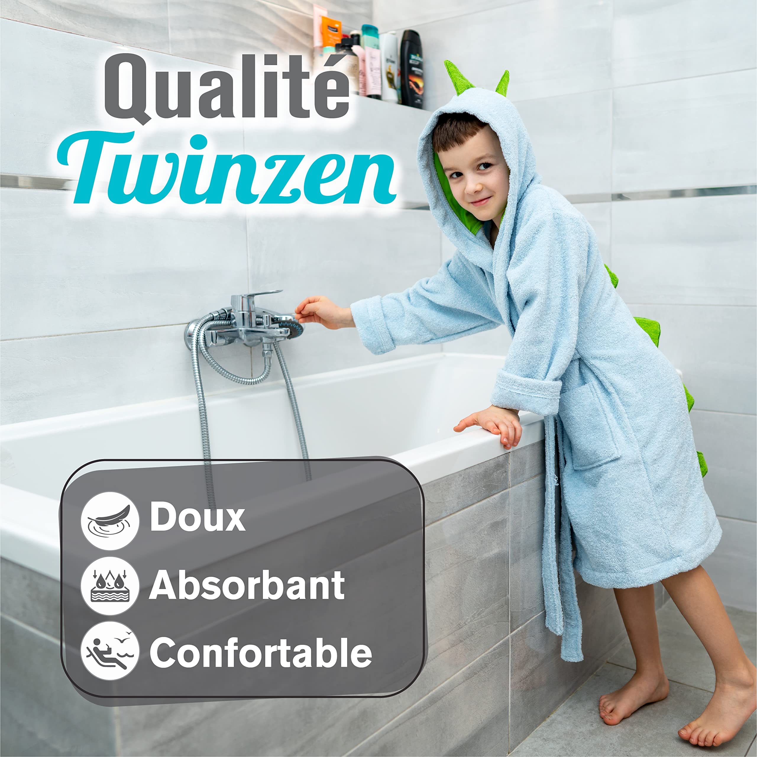 Twinzen Peignoir Enfant Dinosaure - Fille et Garçon - OEKO-TEX® 100% Coton - Peignoir de Bain et Robe de Chambre Enfant