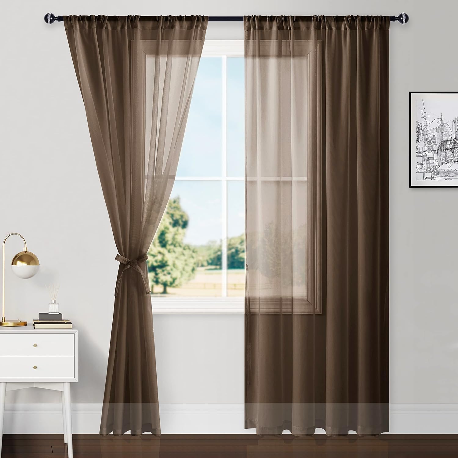 Hiasan Brown Sheer Curtains 84 Inches Long with Tiebacks