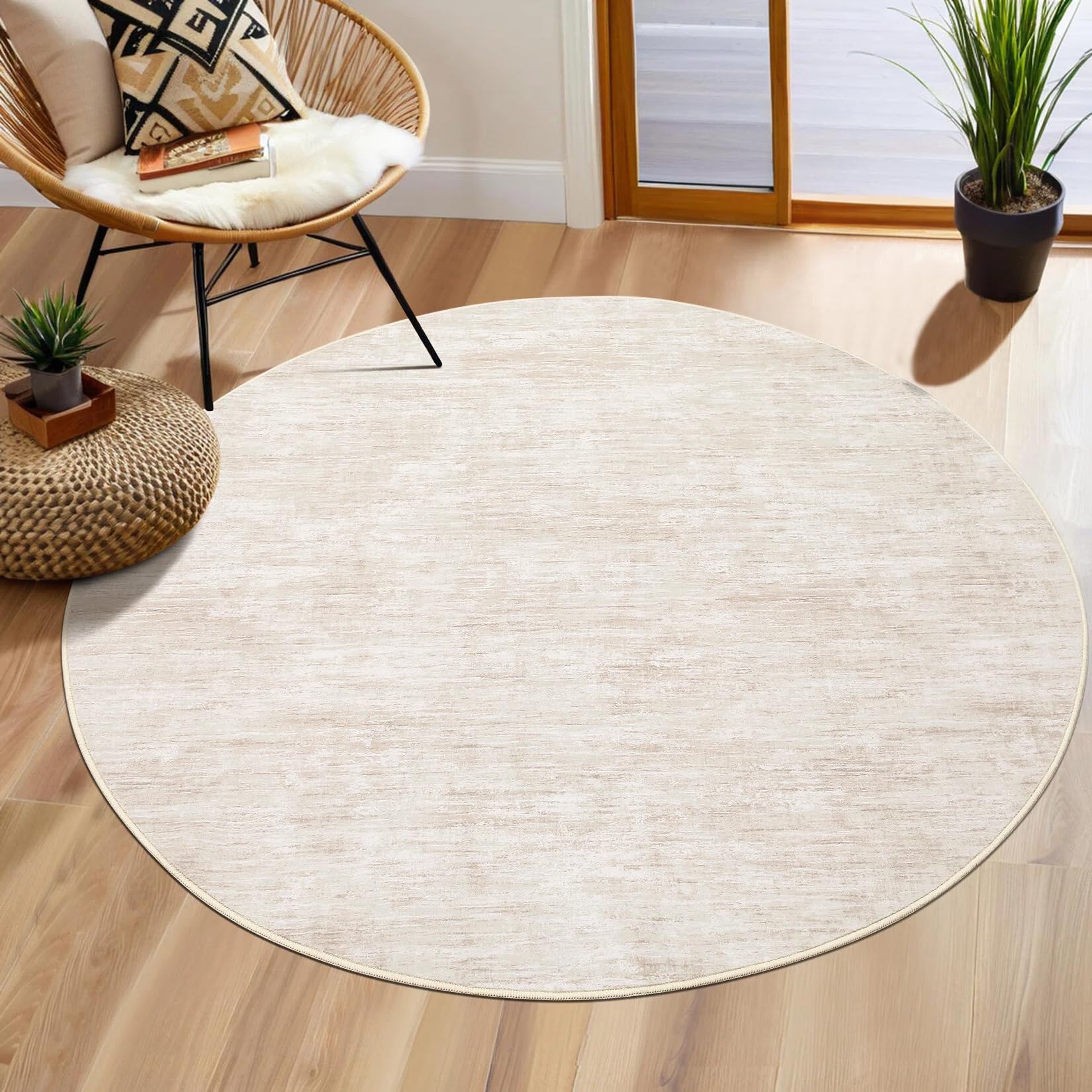 LuxFocus Round Rug Solid Colour 120cm Washable Non-Slip Living Room Beige