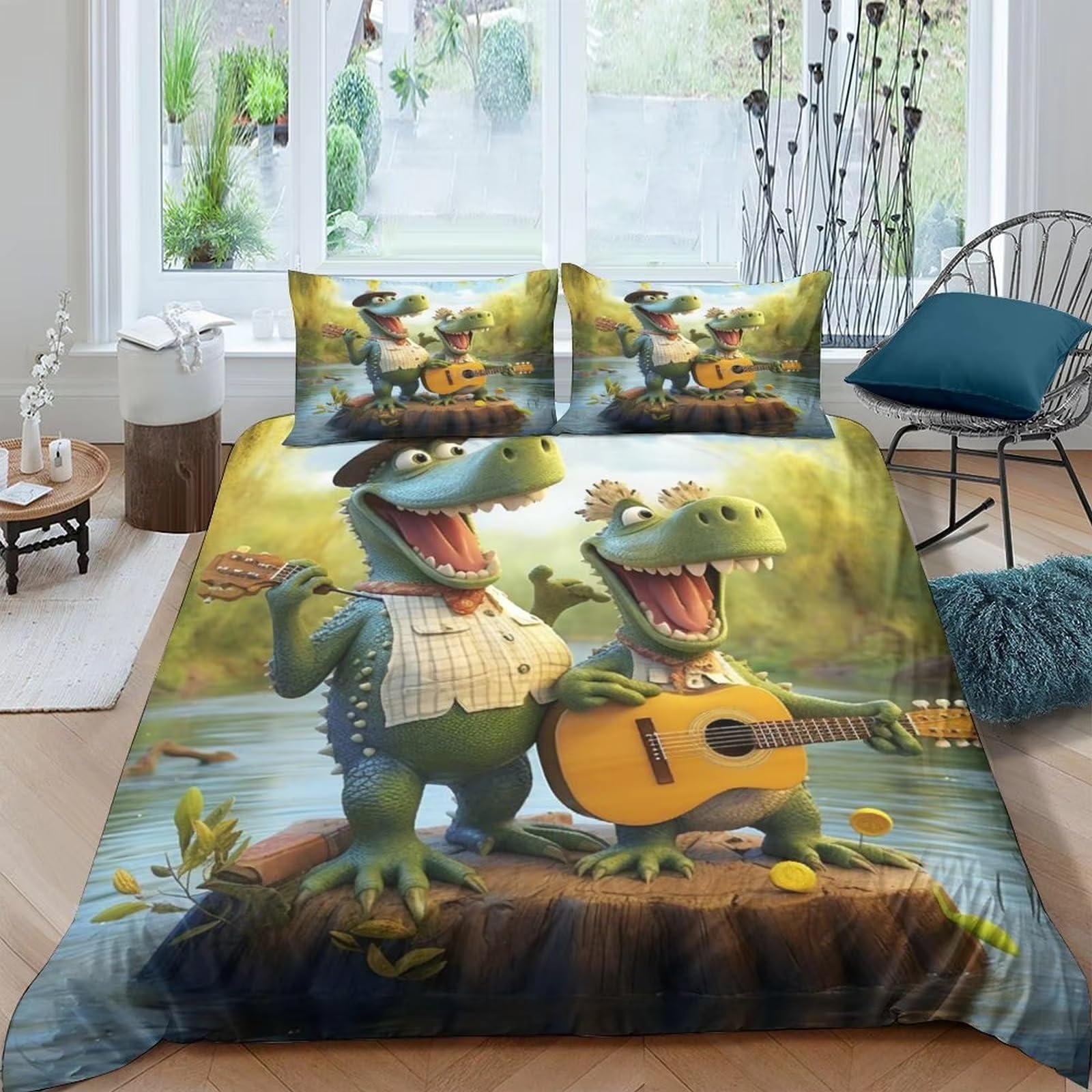 Housse de couette crocodile 160x200 cm avec 2 taies pour lit 1 personne