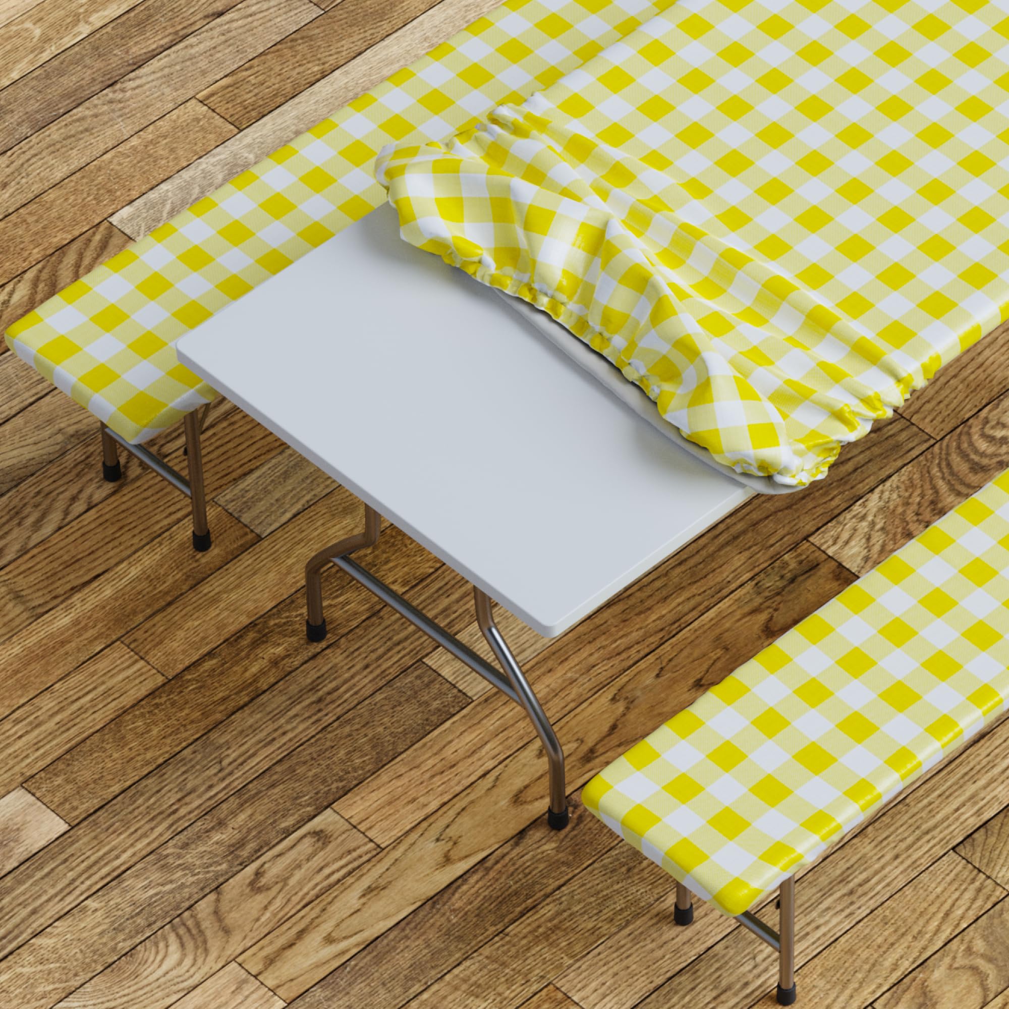 sorfey table cover with bench covers -fitted with elastic, vinyl with flannel back, fits for table 30"x 60" rectangle,water proof, checked yellow design