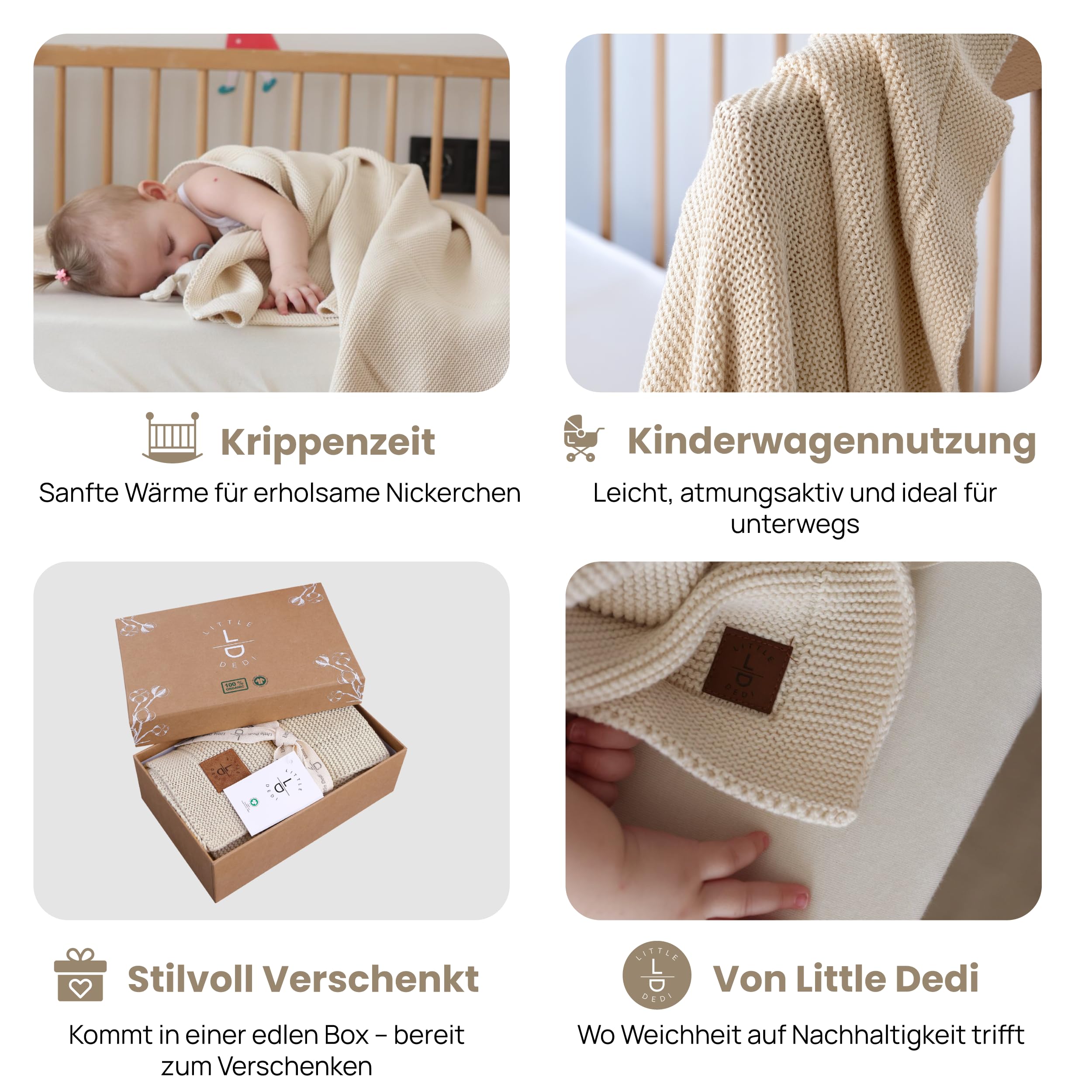 Weiche Babydecke Strick aus 100% Bio-Baumwolle GOTS Zertifizert, 80x100 cm. Naturbeige- Erstausstattung für Neugeborene, in Geschenkbox für Neugeborene Babys