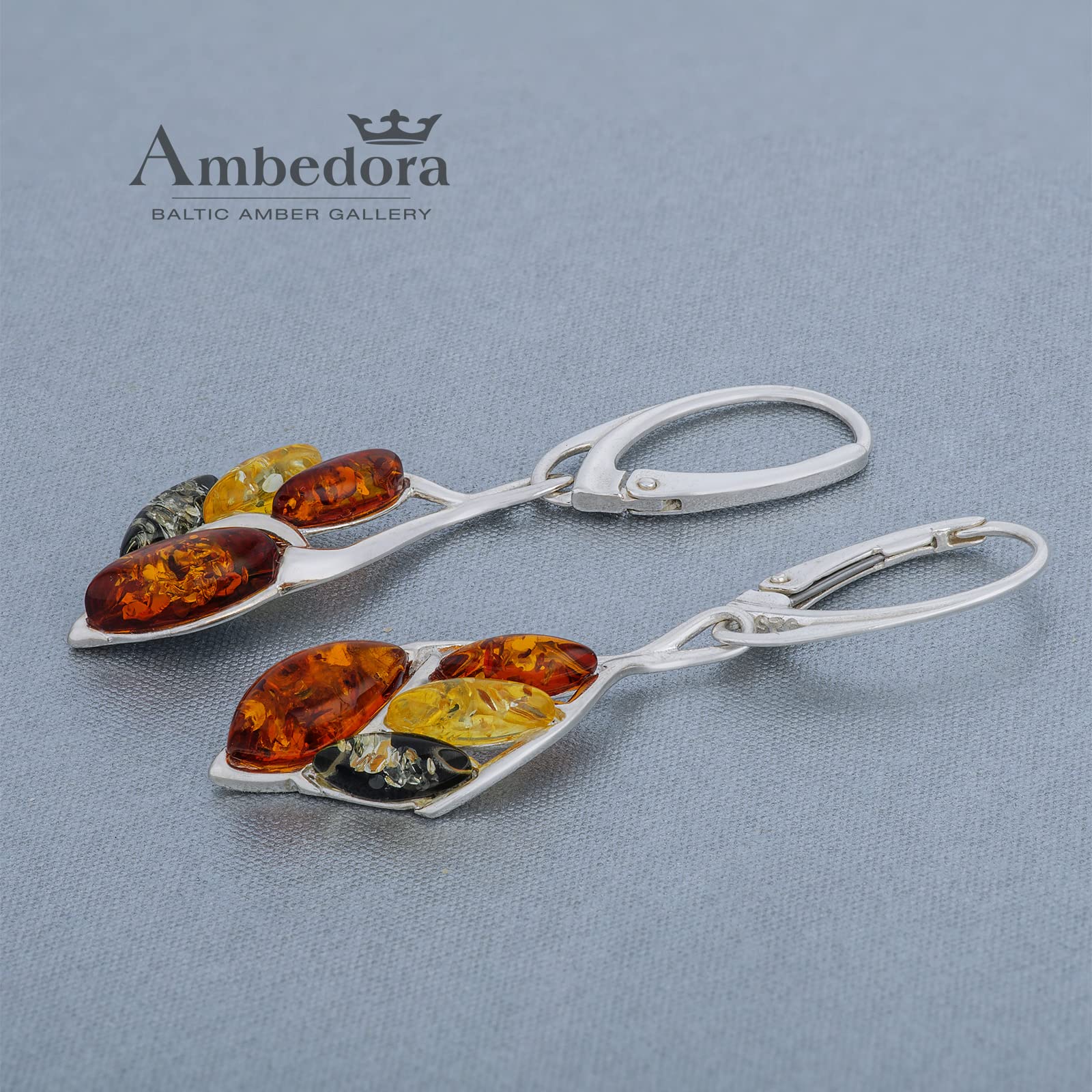 Orecchini da donna in argento sterling Sabine con ambra, argento sterling lucido, ambra baltica, colore cognac, verde, limone