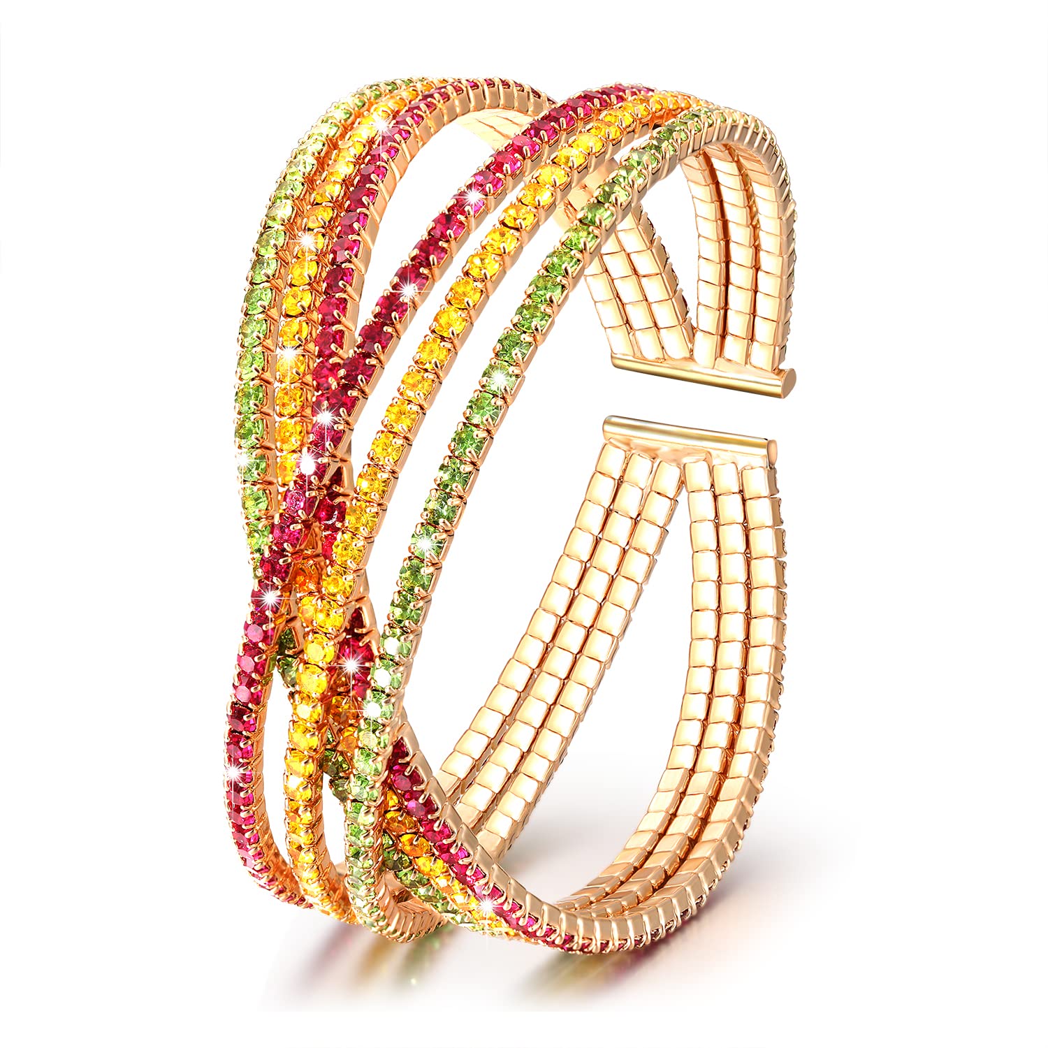 HSWE Mardi Gras Rhinestone Cuff Bangle Bracelet Carnival Adjustable Purple Green Yellow Crystal Bangle Bracelets for Women Festive Holiday Party Wrist Jewelry