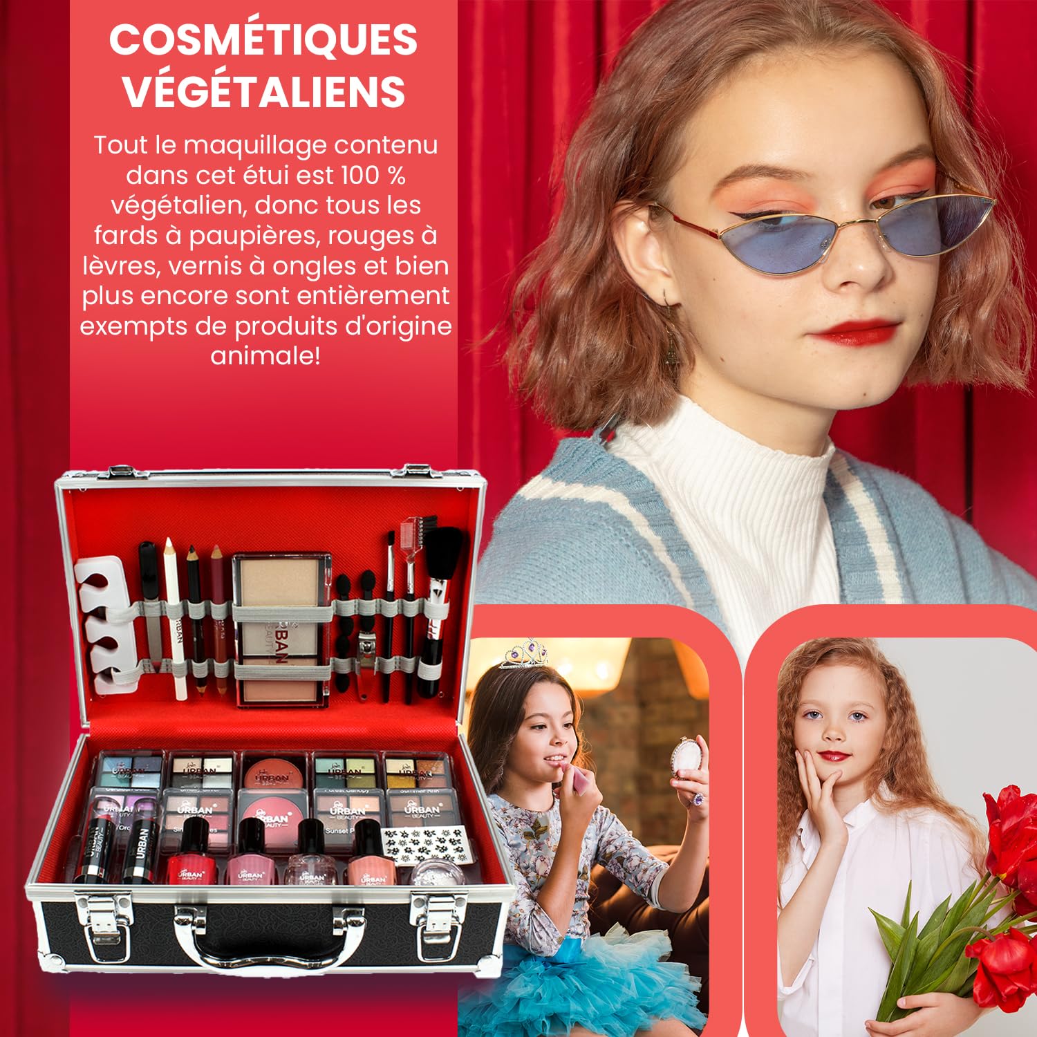 Love Urban Beauty Végétalien Divine French Manicure Coffret Maquillage - Ombres à paupières, Illuminateur, Rouge à lèvres, Blush, Pinceaux, Accessoires Manucure - Trousse de Toilette pour Maison
