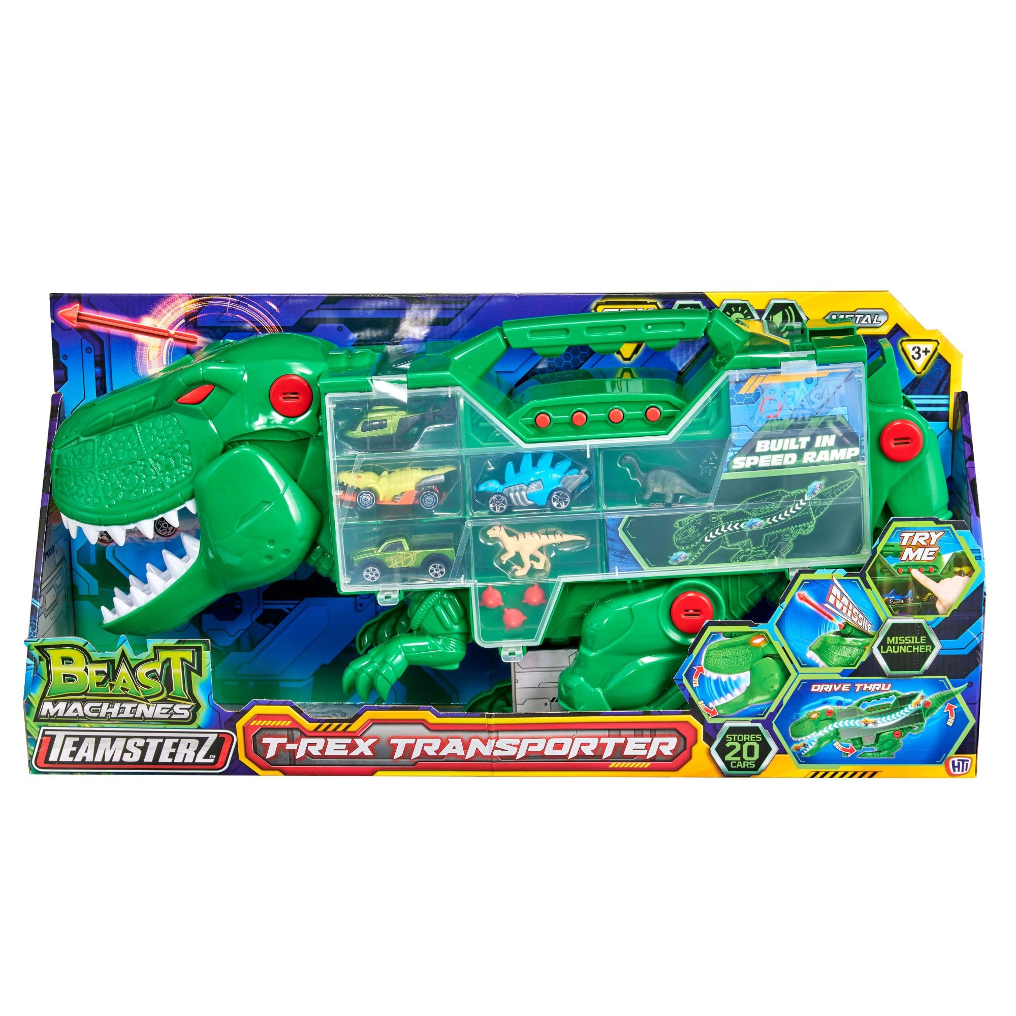 Teamsterz Beast Machines Transporter | Światło i dźwięk z miniaturowymi samochodami, Samochodami Dinozaurami i Figurkami Dinozaurów | Strzelanie do T-Rex z pociskami | 3 lata i więcej