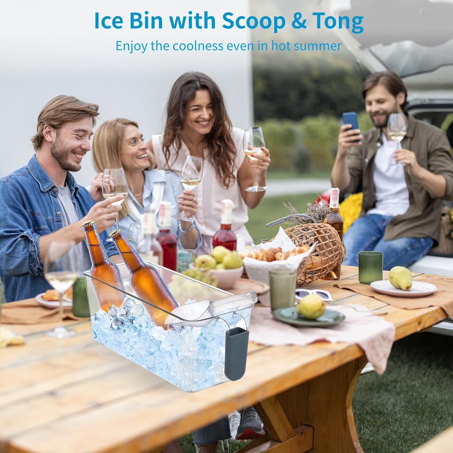 2 Pcs Ice Bin with Scoop and Tong, Ice Bucket with Pull-Out Handle for Freezer, 2 Sizes Clear Plastic Ice Container for DIY Drink Summer Party, 12.2 x 6.9 x 4.3 in, 12.2 x 4.9 x 4.3 in, Dark Blue