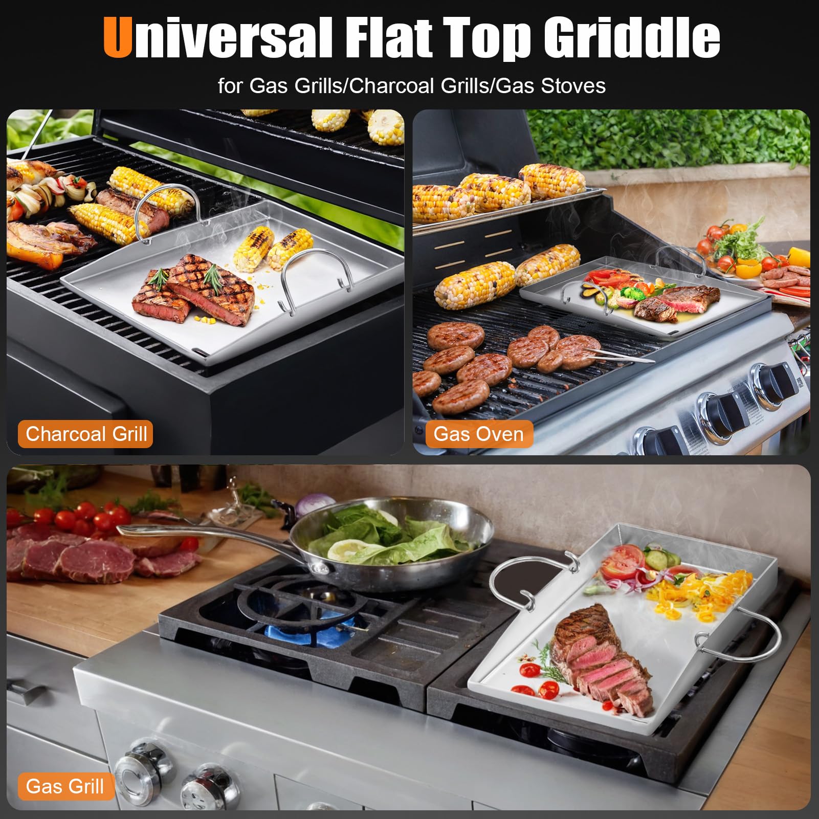 40x30cm Plancha Grillplatte Set, 2 Spachteln + 1 Paar Grillhandschuhe, 4mm Dicke Grillplatte Gasgrill mit Fettablauf, Grillschale Edelstahl für Gas und Holzkohlegrills