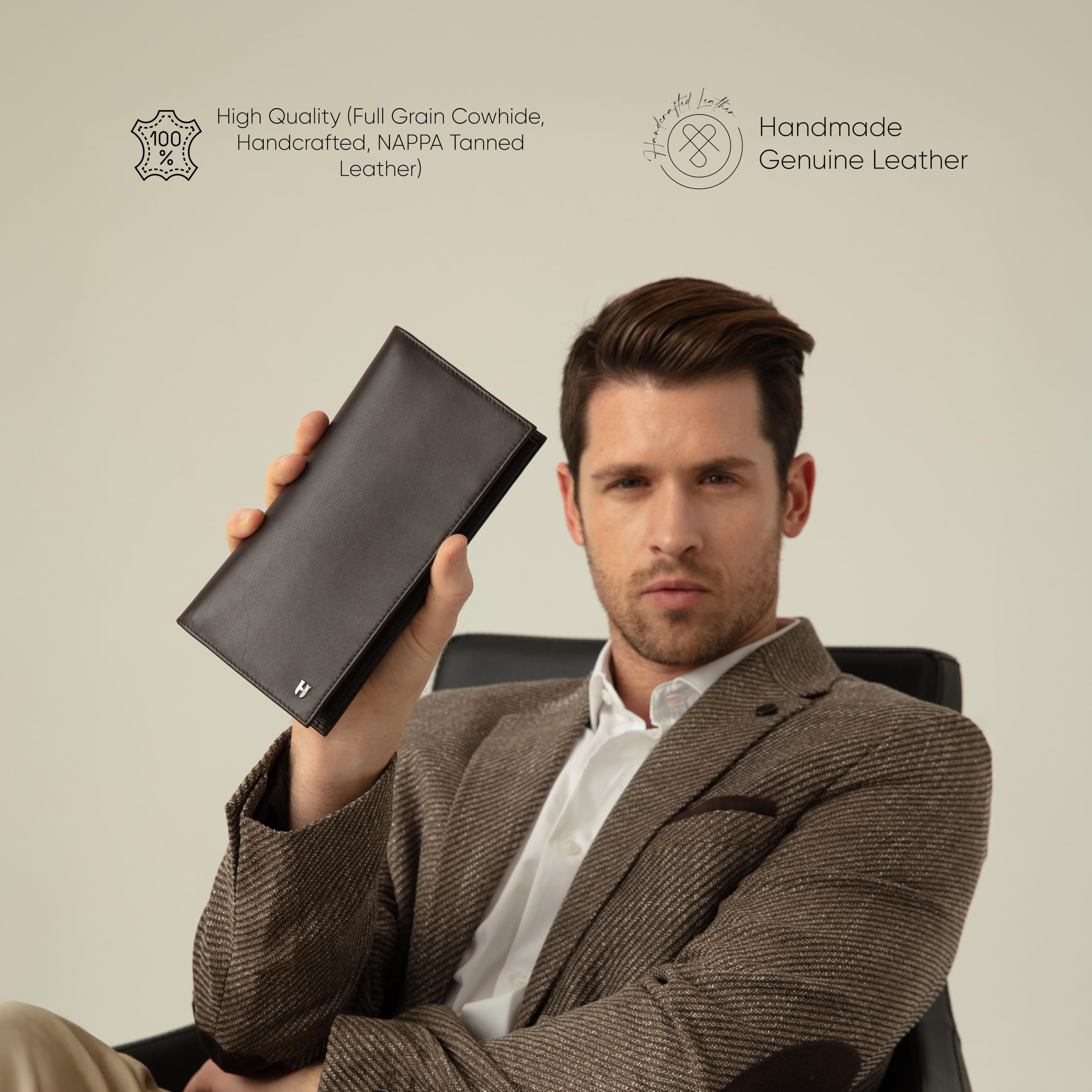 Cartera de viaje RFID para pasaporte con 4 compartimentos y 12 tarjeteros, hecha de cuero vacuno de grano completo hecho a mano, Marrón, Classic