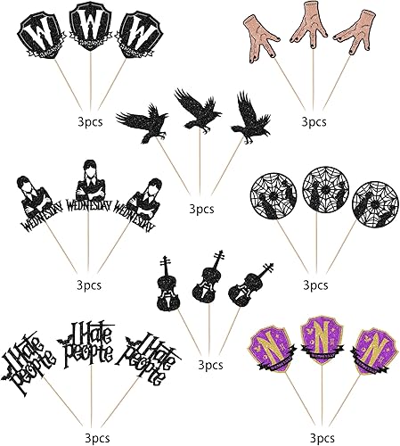 Miniatura 3 de Paquete de 24 adornos para magdalenas de Miércoles, cumpleaños, Addams, fantasía, terror, miércoles, para mano mágica, murciélago negro, fantasía,