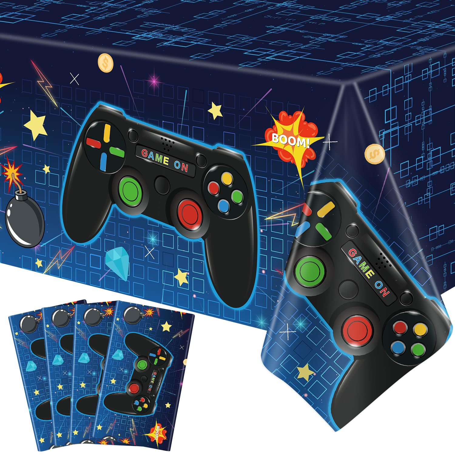 4 Pack Video Game Tablecloth Video Game Birthday Decoration Gaming Birthday Party Supplies 86” x 51” Rectangle Plastic Game party Table Cover for Kids Boys Girls Video Game Party Decorations Favors