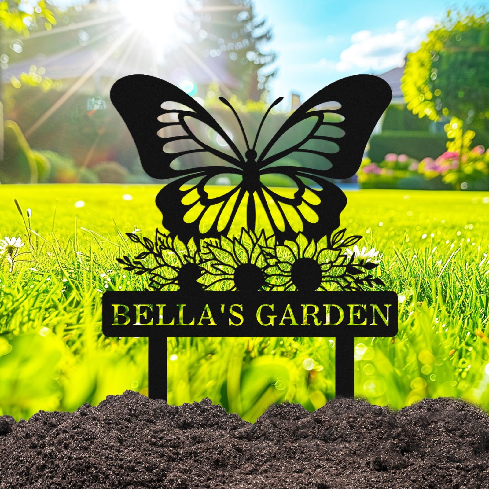 Adthyuxq Butterfly Personalized Metal Garden Sign With Stakes, Custom Sunflower Garden Stake Sign, Customized Flowers Outdoor Yard Garden Name Sign For Gardener Mom Grandma Gardening Gift